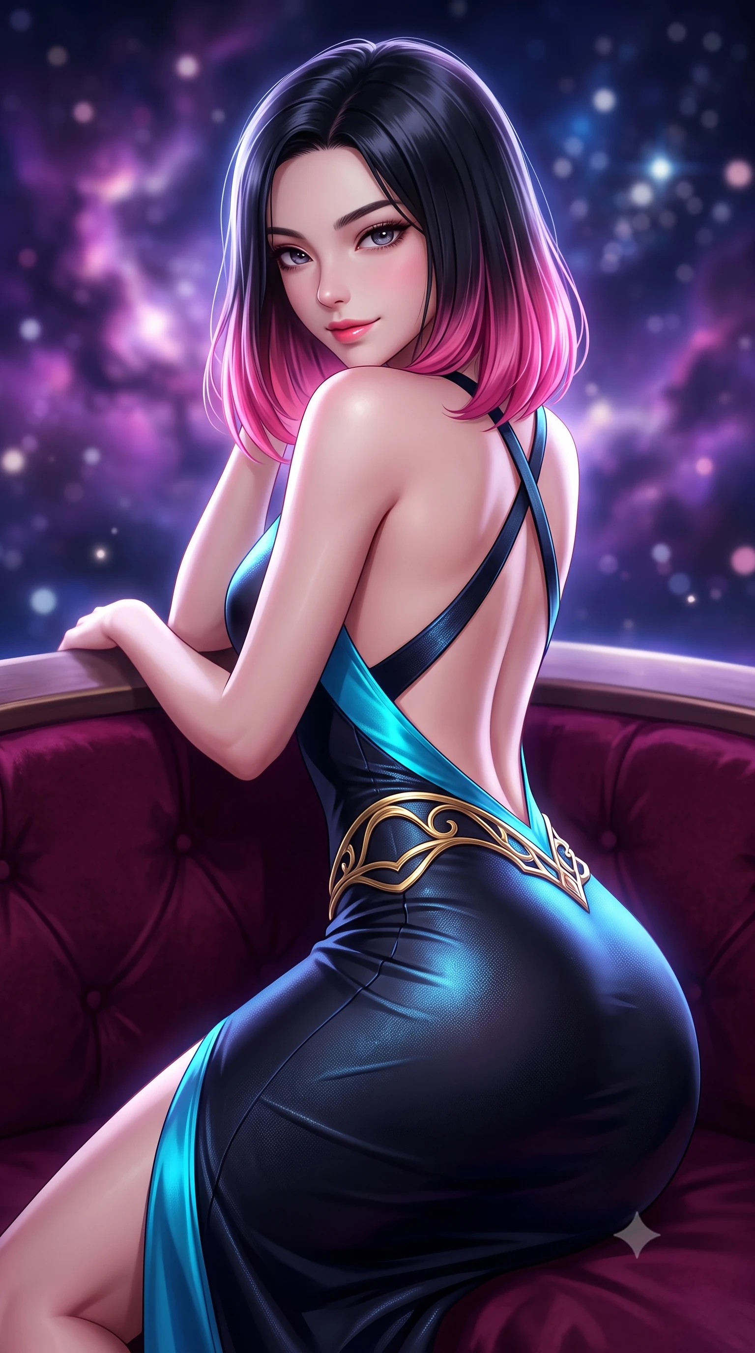 score_9, masterpiece, best quality, ultra-detailed, high-budget anime keyframe, semi-realistic 3D game render, editorial fashion photography, tasteful artistic composition, Korean woman. close-up cowboy shot from the waist and thighs up, the character dominates the composition, filling the frame with her large presence. turning over a bare shoulder with an intoxicating, teasing smile, her soft hair framing her sharp jawline as her hips angle gracefully while reclining on a velvet-lined observation platform propped on one elbow, looking back over her shoulder with an intoxicating bedroom-gaze. The composition keeps background elements in soft focus with creamy bokeh. swirling violet and magenta nebula clouds and distant star clusters blurred into celestial indigo, pink, and diamond-white bokeh. She has an exceptionally elegant, slender, and willowy female figure with an ultra-slim waist, a gracefully sculpted slender torso, toned flat midriff, and rounded feminine hips creating an alluring hourglass silhouette. sharp v-shaped jawline, high-bridge nose, intricate jewel-like eyes with depth, thick eyelashes, glossy parted lips with a natural sheen, intensely captivating and seductive bedroom-eyes expression, flawlessly proportioned anatomical accuracy, strict slender model proportions, natural body alignment, perfectly sculpted long slender limbs, ultra-slim waistline, clean dynamic posture without body distortion. wearing a sleek obsidian column dress with gold filigree hip cincher and plunging backline in electric cyan and deep interstellar black, made of flexible reflective spandex and metallic webbing, finished with criss-cross back straps highlighting her graceful bare spine, the second-skin form-contouring cut accentuating her sculpted flat midriff, narrow waistline, and dramatically curvy hips without adding bulk. illuminated by starlight edge lights carving her slender waist, bare collarbones, and feminine hip line. highly saturated vibrant anime colors, detailed shading with soft gradients, rich glossy textures, high-contrast stereoscopic depth, volumetric dynamic lighting, master piece, 9:16 ratio