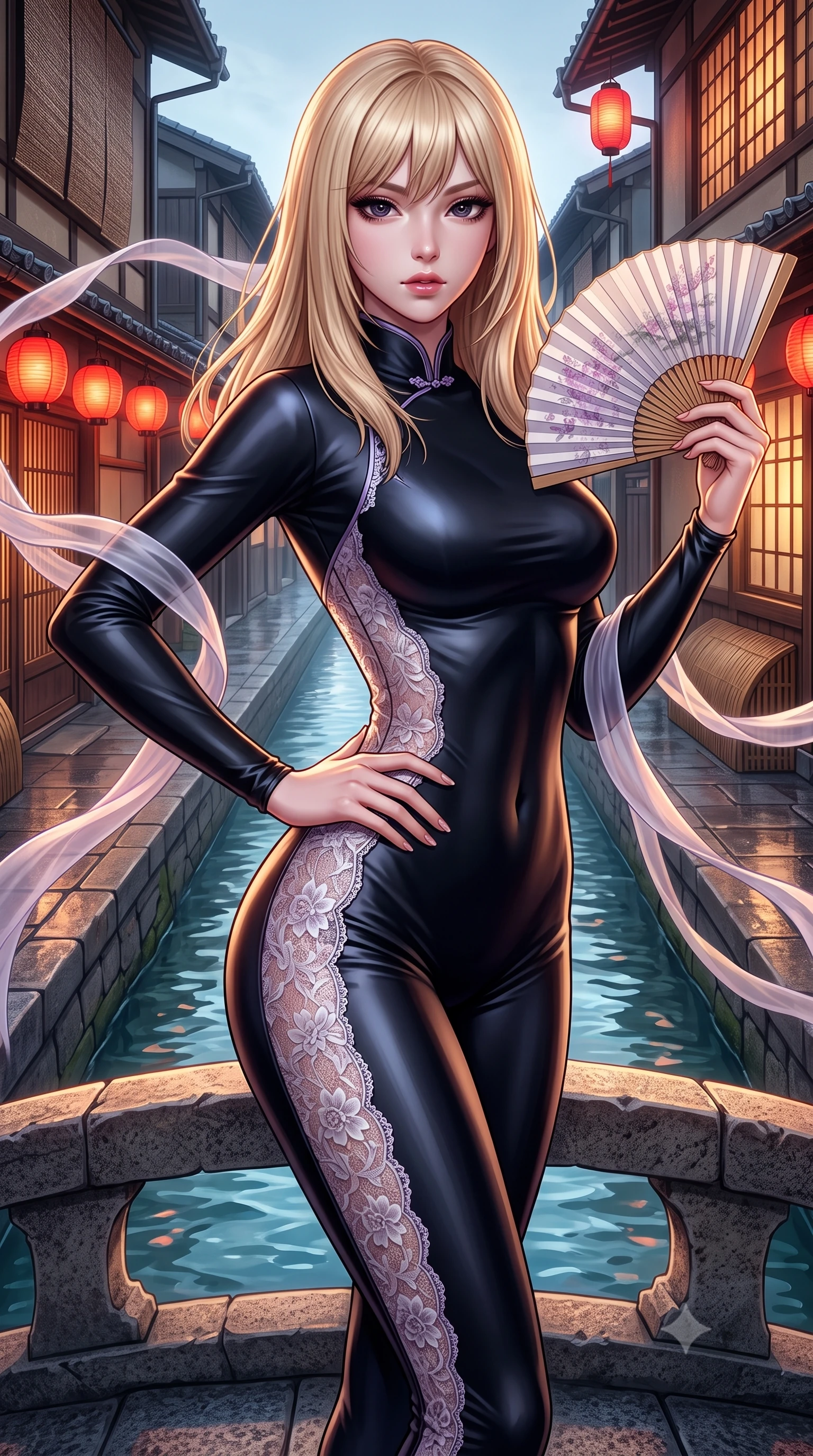 score_9, masterpiece, best quality, ultra-detailed, high-budget anime keyframe, semi-realistic 3D game render, editorial fashion photography, tasteful artistic composition, Japanese woman. close-up cowboy shot from the waist and thighs up, the character dominates the composition, filling the frame with her large presence. twisting her slender torso in an alluring contrapposto stance, one hand resting on her sculpted hip while holding a traditional silk folding fan with effortless poise while standing poised on the ancient arched stone bridge above the clear canal water, arching her spine with sovereign geisha-inspired poise. The surrounding environment is rendered in vivid detail and crisp panoramic clarity: detailed brocade fabric weave, rain-kissed pavement sheen, and traditional Kyoto street architecture in razor-sharp clarity. She has an exceptionally elegant, slender, and willowy female figure with an ultra-slim waist, flat toned midriff, narrow ribcage, and sculpted feminine hips creating an alluring, slim hourglass silhouette without bulk. sharp v-shaped jawline, high-bridge nose, intricate jewel-like dark sparkling almond eyes with depth, thick lashes, glossy parted lips with a natural rose-plum sheen, bright alluring and coquettish smile with bedroom-eyes, exuding both timeless oriental elegance and sovereign high-fashion allure, flawlessly proportioned anatomical accuracy, strict slender model proportions, natural body alignment, perfectly sculpted long slender limbs, ultra-slim waistline, clean dynamic posture without body distortion. wearing a second-skin black silk jersey catsuit with delicate oriental floral lace panels along the ribs and thighs in frosted lilac mist and pearlescent alabaster, crafted from heavy fluid silk satin with a liquid mirror-like sheen, accented with flowing gossamer silk ribbons that flutter dynamically in the evening breeze, the form-contouring cut accentuating her sculpted flat midriff, narrow delicate ribcage, and gracefully curvy hips with regal oriental supermodel elegance. bathed in the warm nostalgic glow of red paper street lanterns and teahouse window spill. highly saturated vibrant anime colors, detailed shading with soft gradients, rich glossy textures, high-contrast stereoscopic depth, volumetric dynamic lighting, master piece, 9:16 ratio
