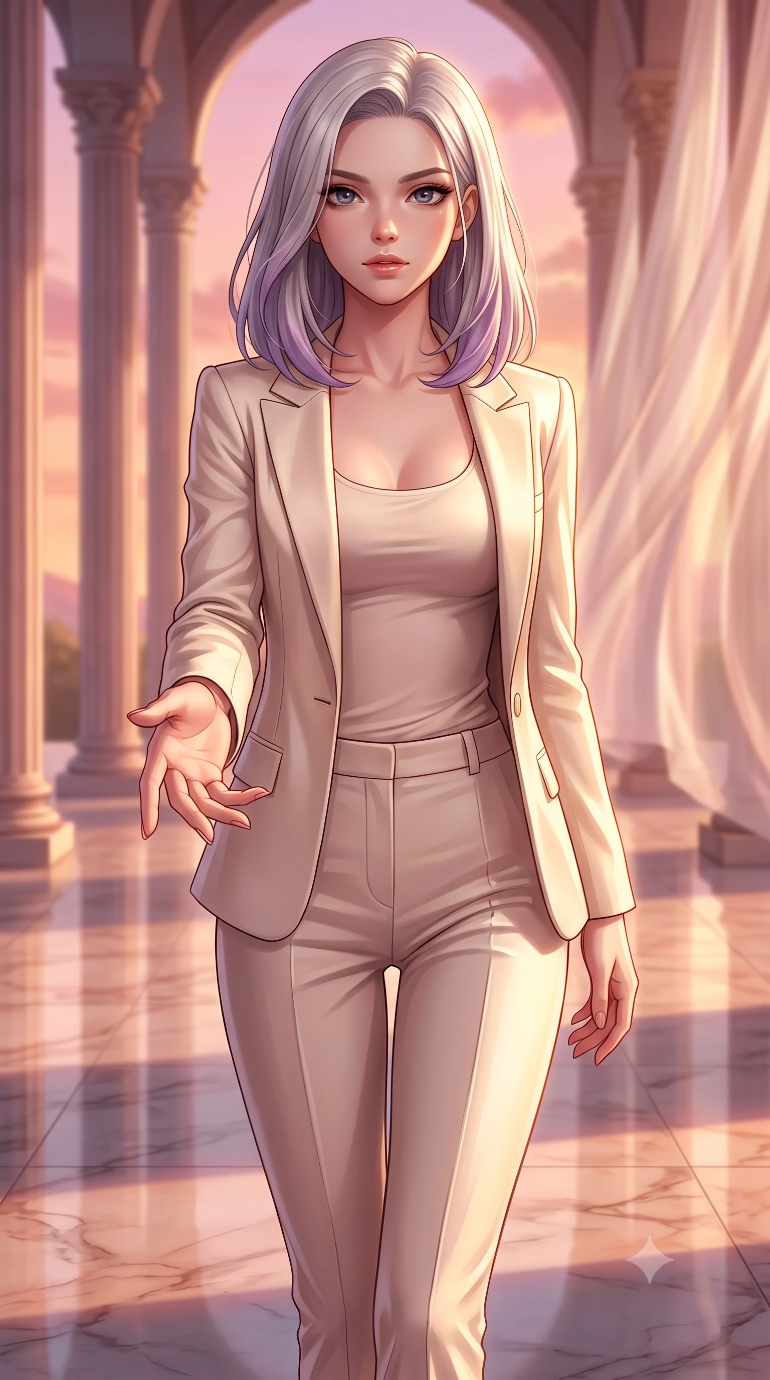 score_9, masterpiece, best quality, ultra-detailed, high-budget anime keyframe, editorial fashion photography, tasteful artistic composition, Caucasian woman. close-up cowboy shot from the waist and thighs up, the character dominates the composition, filling the frame with her large presence, background elements kept in soft focus. Reaching one hand gracefully toward the viewer with effortless superiority and allure walking through a open-air colonnade with billowing silk gossamer curtains, soft rose-gold and amber sunset light reflecting off polished marble. She has an exceptionally elegant, slender, and willowy female figure with an ultra-slim waist, a gracefully sculpted slender torso, and a refined silhouette. sharp v-shaped jawline, high-bridge nose, intricate jewel-like eyes with depth, thick eyelashes, glossy lips with a natural sheen. wearing a tailored cream silk blazer over a form-contouring scoop-neck top and fitted trousers, the elegant draped fit framing her graceful clavicle and slender torso. illuminated by soft glowing sunset radiance with dramatic golden rim highlights. highly saturated vibrant anime colors, detailed shading with soft gradients, rich glossy textures, high-contrast stereoscopic depth, volumetric dynamic lighting, master piece, 9:16 ratio