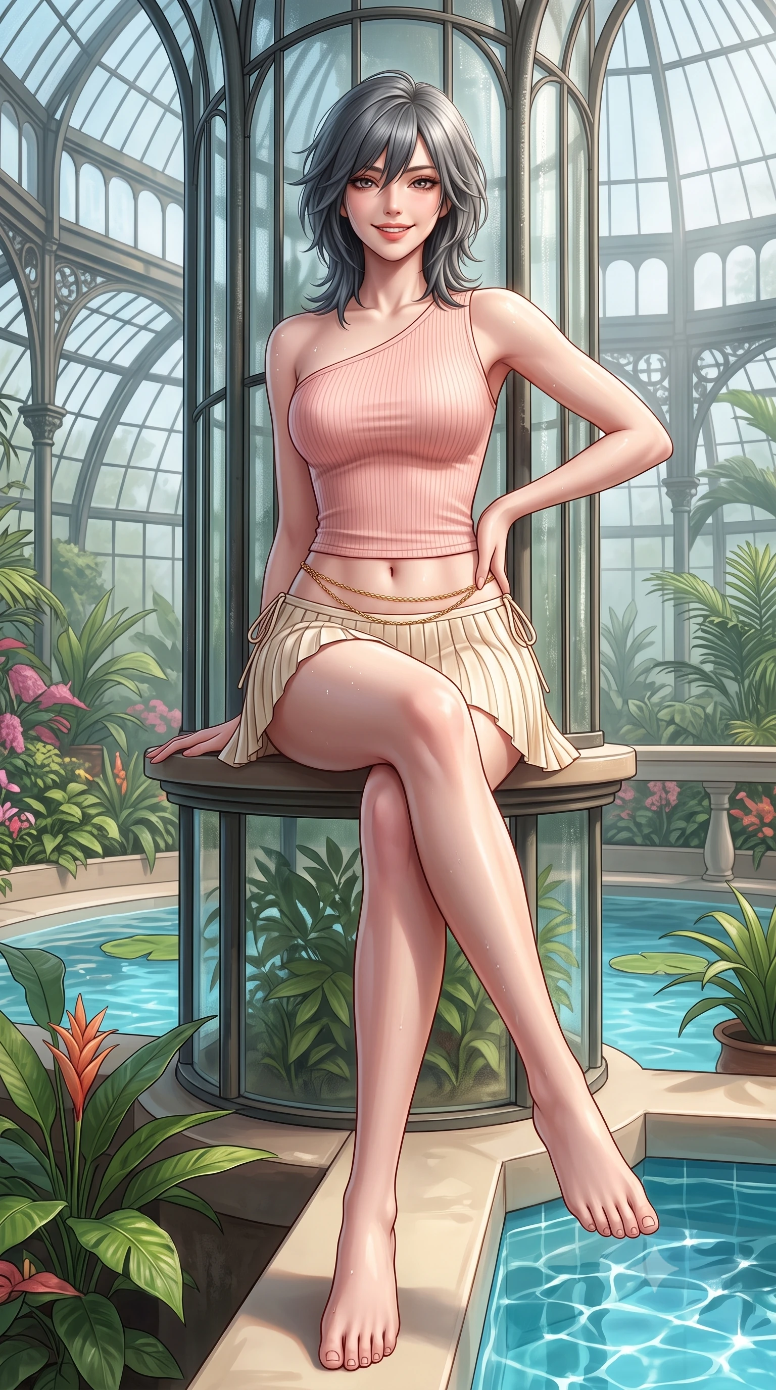 score_9, masterpiece, best quality, ultra-detailed, high-budget anime keyframe, semi-realistic 3D game render, editorial fashion photography, tasteful artistic composition, Caucasian woman. low angle full-body shot from head to toe showing her feet, filling the entire 9:16 vertical frame with her statuesque presence, stretching her vertical silhouette. sitting perched on the elevated edge with legs crossed and hips angled toward the camera, displaying her toned midriff and long slender limbs with a joyful, coquettish smile while leaning against a curved structural glasshouse pillar with hips cocked back, casting an enchanting, sultry bedroom-gaze through tropical mist. The surrounding environment is rendered in vivid detail and crisp panoramic clarity. detailed dress weave, moisture beads on skin, and Victorian glasshouse architecture in high clarity. She has an exceptionally tall and slender model-like 8.5-heads proportion, an ultra-slim waist, a flat toned midriff, narrow delicate ribcage, and beautifully sculpted feminine hips creating a graceful, slim hourglass silhouette without any bulky heaviness, with impossibly long slender legs. sharp v-shaped jawline, high-bridge nose, intricate jewel-like sparkling eyes with depth, thick eyelashes, glossy parted lips with a natural peach sheen, bright cheerful beaming smile with an enchanting and coquettish sensual glint, exuding both youthful cute charm and seductive allure, flawlessly proportioned anatomical accuracy, strict slender model proportions, natural body alignment, perfectly sculpted long slender limbs, ultra-slim waistline, clean dynamic posture without body distortion. wearing an asymmetrical one-shoulder ribbed top paired with a micro-pleated skirt with side hip ties in pastel peach blossom pink and warm champagne ivory, crafted from liquid-tight stretch jersey emphasizing every curve, accented with a delicate gold chain belt resting loosely on her curvy hips, the form-fitting cut adhering flawlessly to her sculpted flat midriff and slender torso, emphasizing her long leg lines and perfectly proportioned willowy build. illuminated by sparkling pool water caustics sharply sculpting her razor-sharp jawline, narrow waist, and curvy hips. highly saturated vibrant anime colors, detailed shading with soft gradients, rich glossy textures, high-contrast stereoscopic depth, volumetric dynamic lighting, master piece, 9:16 ratio