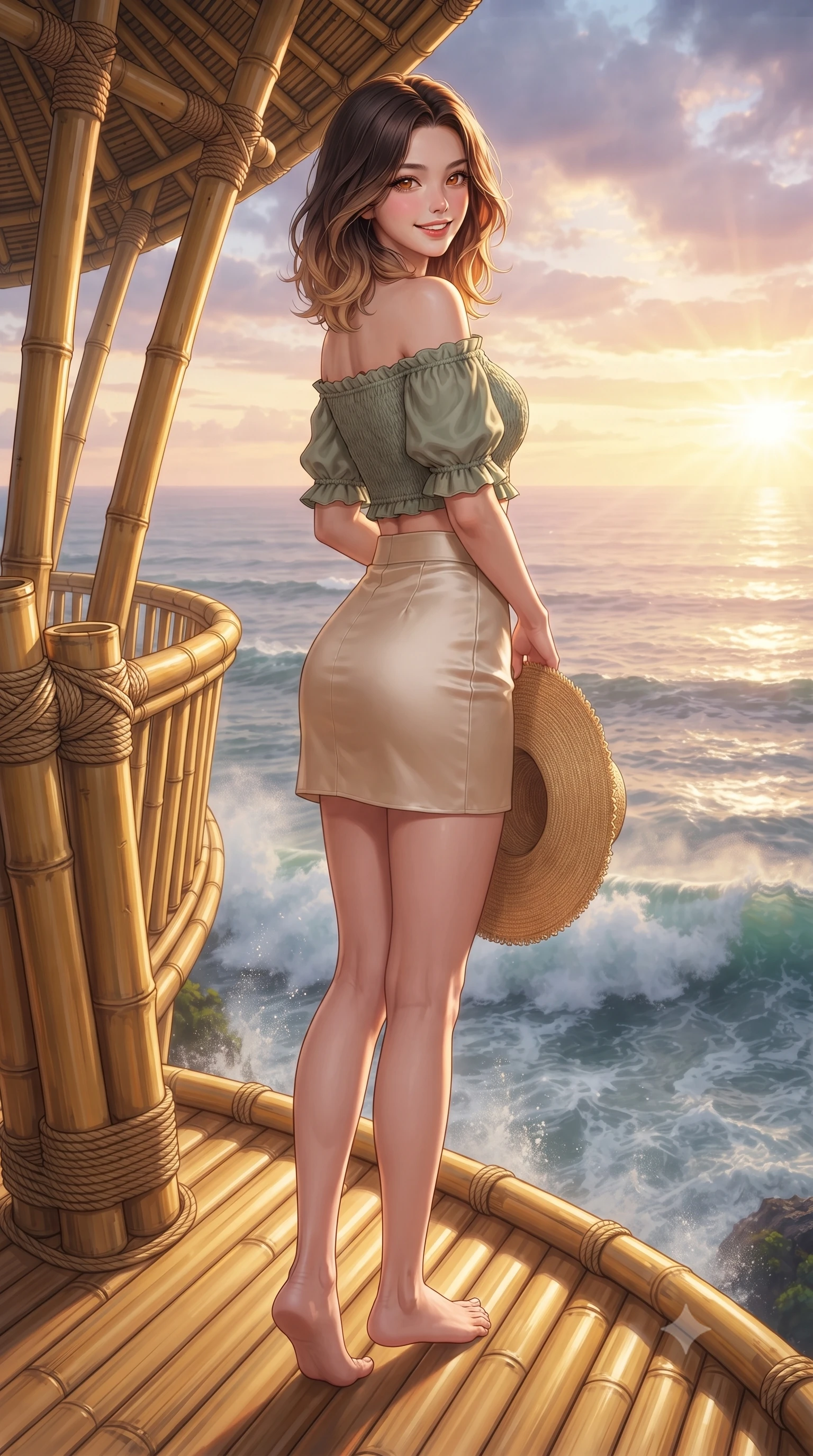 score_9, masterpiece, best quality, ultra-detailed, high-budget anime keyframe, editorial fashion photography, tasteful artistic composition, Korean woman. low angle full-body shot from head to toe showing her feet, filling the entire 9:16 vertical frame with her statuesque presence, stretching her vertical silhouette. posing with back turned slightly to the lens, glancing back with an enchanting, playful smile as she arches her lower back to emphasize her sculpted feminine hips and slender waist while standing at the edge of the soaring curved bamboo deck hundreds of feet above crashing waves, arching her back with sovereign supermodel grace. The surrounding environment is rendered in vivid detail and crisp panoramic clarity. sharp golden bamboo stalk textures, woven rattan rope bindings, and ocean spray mist clarity in deep focus. She has an exceptionally tall and slender model-like 8.5-heads proportion, an ultra-slim waist, a flat toned midriff, narrow delicate ribcage, and beautifully sculpted feminine hips creating a graceful, slim hourglass silhouette without any bulky heaviness, with impossibly long slender legs. sharp v-shaped jawline, high-bridge nose, sparkling amber-hazel eyes with depth, long lush eyelashes, glossy sun-kissed lips with a warm coral glaze, radiant teasing smile with sensual sunlit bedroom-eyes, exuding effortless old-money elegance and intoxicating sun-drenched allure, flawlessly proportioned anatomical accuracy, strict slender model proportions, natural body alignment, perfectly sculpted long slender limbs, ultra-slim waistline, clean dynamic posture without body distortion. wearing a chic off-shoulder smocked crop blouse paired with a tight high-waisted linen A-line mini skirt emphasizing her curvy hips in sage green and warm almond beige, made of smooth fluid silk satin with a delicate pearlescent golden sheen, complemented by a wide-brim straw sunhat held casually behind her back, the high-waisted tailoring accentuating her ultra-slim waistline and the enchanting curve of her feminine hips with alluring sunlit charm. bathed in dramatic tropical ocean sunset rays of warm gold and magenta. ultra-reflective glossy finish, specular highlights, rich textural contrasts, high-contrast stereoscopic depth, volumetric dynamic lighting, 2k, ultra detail, master piece, 9:16 ratio