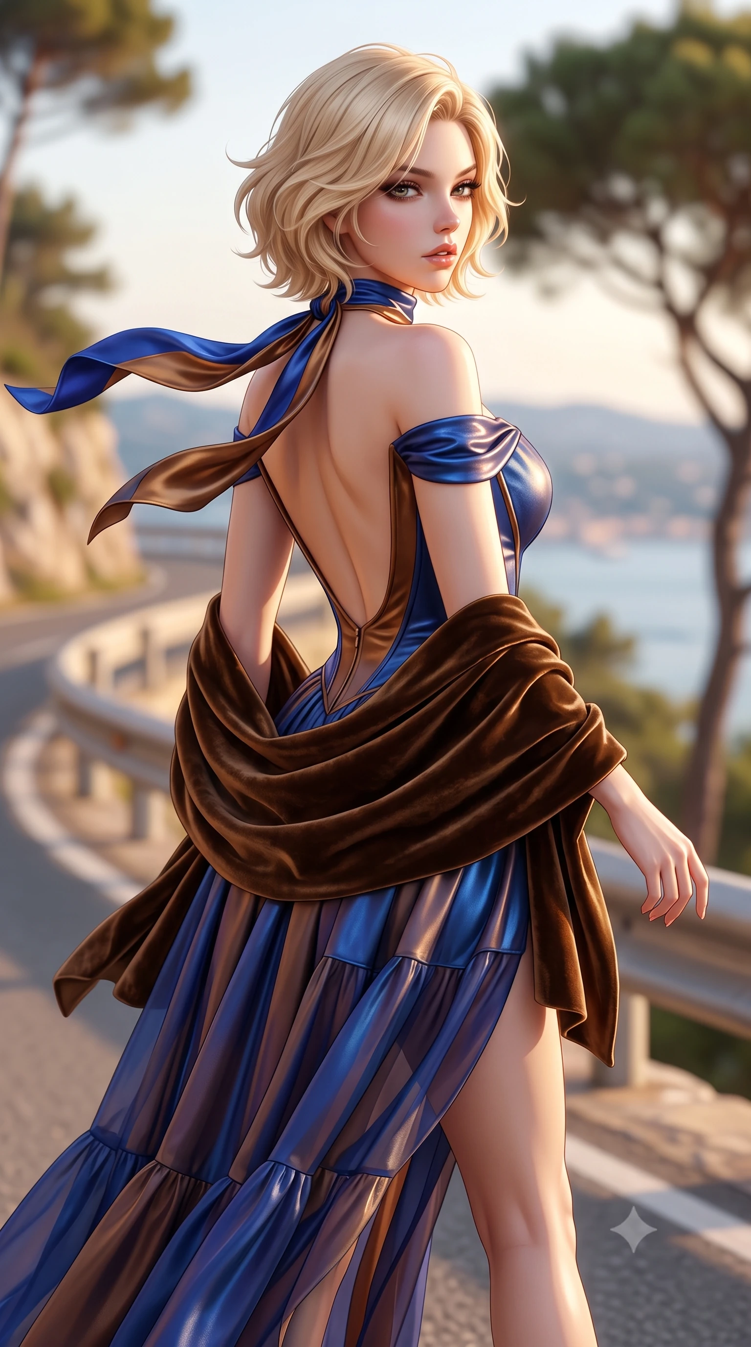 score_9, masterpiece, best quality, ultra-detailed, high-budget anime keyframe, semi-realistic 3D game render, editorial fashion photography, tasteful artistic composition, Caucasian woman. close-up cowboy shot from the waist and thighs up, the character dominates the composition, filling the frame with her large presence. twisting her slender torso in a deep contrapposto stance, hips dramatically shifted to accentuate her feminine curves while looking past her shoulder with smoldering bedroom-eyes while striding gracefully along the coastal corniche as sea winds flutter her open silk scarf, hips swaying in an alluring supermodel rhythm. The composition keeps background elements in soft focus with creamy bokeh. winding cliffside road barriers and coastal pine silhouettes softened in glamorous shallow focus. She has an exceptionally elegant, slender, and willowy female figure with an ultra-slim waist, flat toned midriff, narrow ribcage, and sculpted feminine hips creating an alluring, slim hourglass silhouette without bulk. sharp v-shaped jawline, high-bridge nose, intricate jewel-like eyes with depth, thick eyelashes, glossy parted lips with a natural sheen, intensely captivating and seductive bedroom-eyes expression, flawlessly proportioned anatomical accuracy, strict slender model proportions, natural body alignment, perfectly sculpted long slender limbs, ultra-slim waistline, clean dynamic posture without body distortion. wearing an off-shoulder French court corset bodice dress paired with a tiered translucent chiffon slit skirt in royal sapphire blue and liquid bronze, crafted from second-skin supple lambskin leather with liquid drape, complemented by a plush velvet shawl draped loosely over her elbows, the dramatically scooped open back descending to the base of her spine, accentuating her razor-sharp statuesque lines and slim hourglass silhouette. surrounded by a carefree, elite, and irresistibly magnetic Saint-Tropez heiress aura. highly saturated vibrant anime colors, detailed shading with soft gradients, rich glossy textures, high-contrast stereoscopic depth, volumetric dynamic lighting, master piece, 9:16 ratio