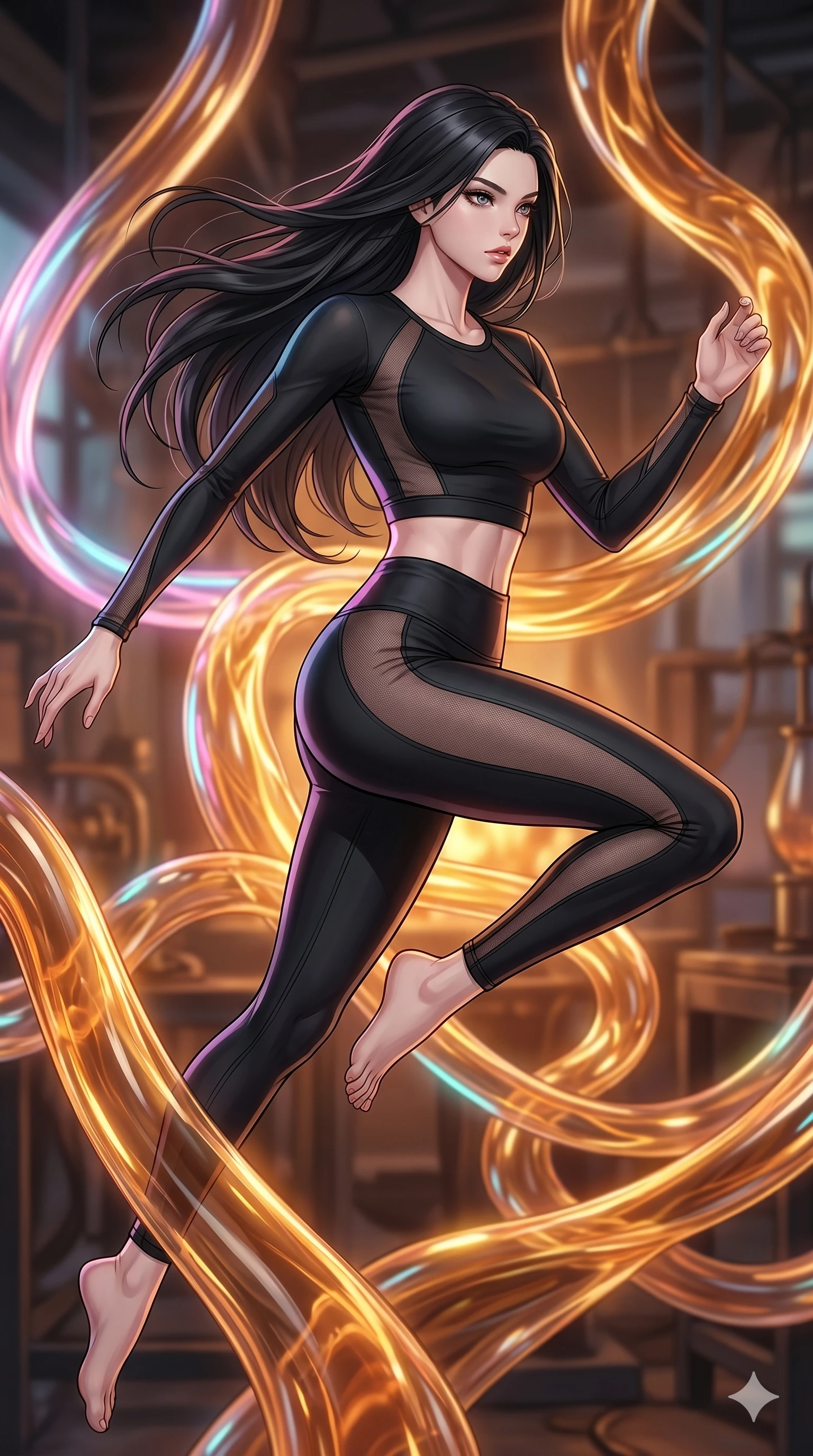 score_9, masterpiece, best quality, ultra-detailed, high-budget anime keyframe, Caucasian woman, strictly human ears. upper body close-up from the thighs up, character filling the screen for maximum presence. bounding through a molten glass art studio where twisting, glowing amber glass tubes rotate like fluid rivers in a heated environment. She has an absolutely perfect 8-heads proportion, an exceptionally tall and slender female figure with impossibly long slender legs and an ultra-slim waist. V-shaped jawline, high-bridge nose, intricate jewel-like eyes with depth, thick eyelashes, glossy lips with a natural sheen.. wearing a sheer mesh athleisure set, featuring a tight matte black top and leggings with semi-opaque mesh panels tracing the curves of her waist and thighs. enhanced by a luminous pastel spectrum glow, casting elegant rim lights on her shoulders and jawline. 2k, ultra detail, master piece, 9:16 ratio