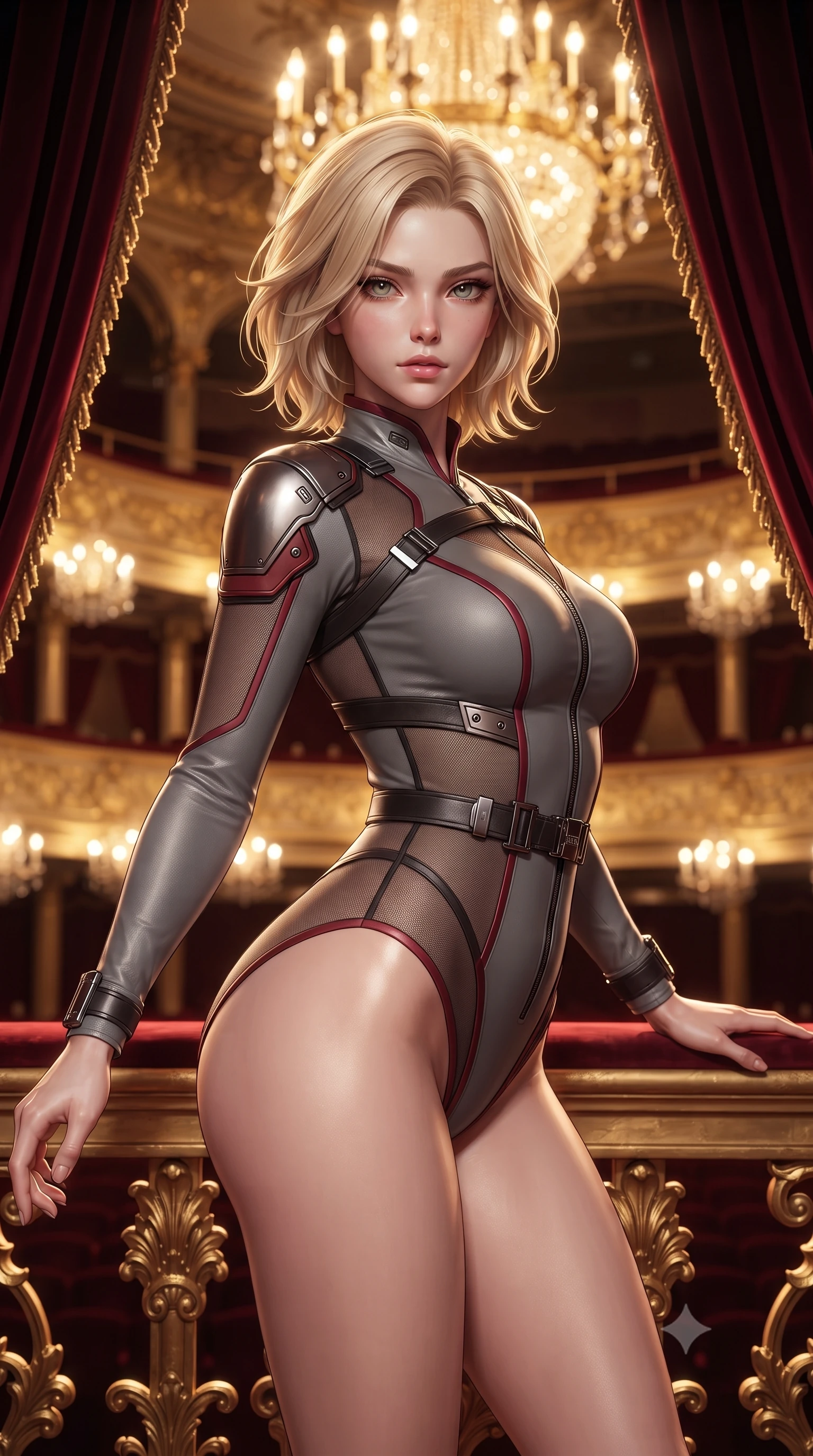 score_9, masterpiece, best quality, ultra-detailed, high-budget anime keyframe, editorial fashion photography, tasteful artistic composition, Caucasian woman. close-up cowboy shot from the waist and thighs up, the character dominates the composition, filling the frame with her large presence. radiating intense magnetic charisma with jewel-like eyes locked onto the viewer, her upper body turning in a dynamic, fluid S-curve while pivoting gracefully against ornate gold-leaf balustrades as plush crimson velvet curtains frame her statuesque silhouette. The composition keeps background elements in soft focus with creamy bokeh. cascading crystal chandeliers and multi-tiered gilded theater balconies blurred into radiant diamond, ruby, and gold bokeh. She has an exceptionally elegant, slender, and willowy female figure with an ultra-slim waist, a gracefully sculpted slender torso, toned flat midriff, and a refined slim silhouette. sharp v-shaped jawline, high-bridge nose, intricate jewel-like eyes with depth, thick eyelashes, glossy lips with a natural sheen, captivating and magnetic expression, flawlessly proportioned anatomical accuracy, strict slender model proportions, natural body alignment, perfectly sculpted long slender limbs, ultra-slim waistline, clean dynamic posture without body distortion. wearing a sharp asymmetrical spy bodysuit with sheer contouring mesh panels, reinforced strike shoulders, and utility waist harness in storm grey and dark scarlet trim, made of high-mobility liquid jersey and semi-opaque reinforced mesh, accented with concealed lockpick wristbands and polished dark chrome hardware edition #30, the liquid-tight tailored fabric emphasizing every curve of her tall, slender model proportions and sculptured silhouette during dynamic movement. bathed in opulent golden chandelier illumination and rich ambient amber warmth. ultra-reflective glossy finish, specular highlights, rich textural contrasts, high-contrast stereoscopic depth, volumetric dynamic lighting, 2k, ultra detail, master piece, 9:16 ratio