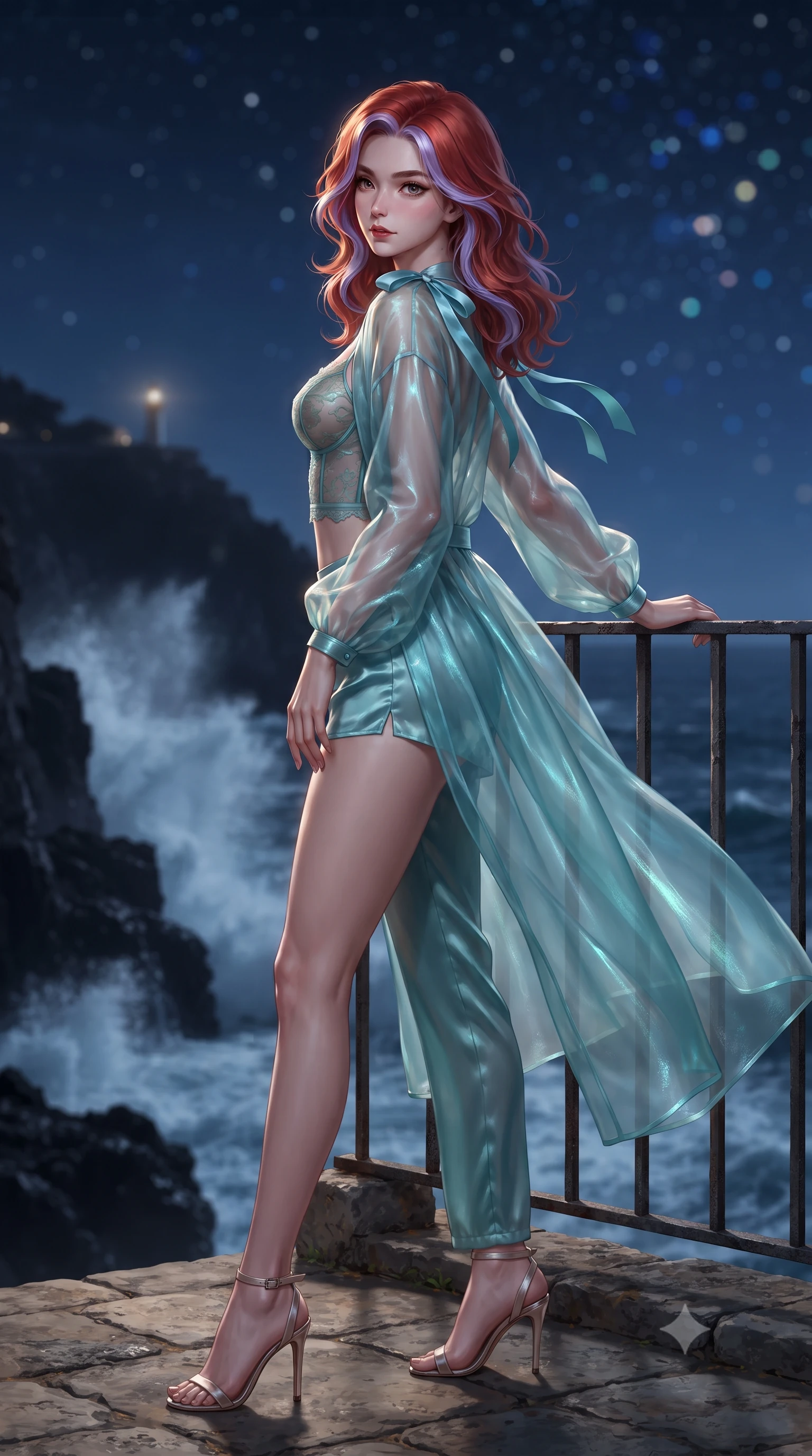 score_9, masterpiece, best quality, ultra-detailed, high-budget anime keyframe, editorial fashion photography, tasteful artistic composition, Caucasian woman. low angle full-body shot from head to toe showing her feet, filling the entire 9:16 vertical frame with her statuesque presence, stretching her vertical silhouette. executing a slow, graceful pivot turn as her skirt sways around her slender legs, glancing back with an enchanting, teasing sensual expression while leaning against the hand-forged iron railing with hips cocked back, casting an intoxicating smoldering bedroom-gaze over the stormy dark sea. The background shows a soft-focus massive foaming ocean breakers crashing against black basalt sea cliffs far below, distant Amalfi lighthouse beacon, and starry night sky blurred into sapphire, diamond, and topaz bokeh. She has an exceptionally tall and slender model-like 8.5-heads proportion, an ultra-slim waist, a flat toned midriff, narrow delicate ribcage, and beautifully sculpted feminine hips creating a graceful, slim hourglass silhouette without any bulky heaviness, with impossibly long slender legs. sharp v-shaped jawline, high-bridge nose, intricate jewel-like sparkling eyes with depth, thick eyelashes, glossy parted lips with a natural peach sheen, bright cheerful beaming smile with an enchanting and coquettish sensual glint, exuding both youthful cute charm and seductive allure, flawlessly proportioned anatomical accuracy, strict slender model proportions, natural body alignment, perfectly sculpted long slender limbs, ultra-slim waistline, clean dynamic posture without body distortion. wearing a delicate translucent silk organza wrap robe worn loose over a sheer lace demi-bustier and satin tap pants in Mediterranean bioluminescent teal and radiant pearl, crafted from translucent silk organza with an ethereal crystalline sheen, finished with satin ribbon ties at the shoulders fluttering in the gentle breeze, the second-skin tailored fabric adhering flawlessly to her sculpted flat midriff and slender torso, emphasizing her long leg lines and perfectly proportioned willowy build. illuminated by sea foam specular reflections and sharp flame-gold rim lights defining her razor-sharp jawline, narrow waist, and curvy hips. ultra-reflective glossy finish, specular highlights, rich textural contrasts, high-contrast stereoscopic depth, volumetric dynamic lighting, 2k, ultra detail, master piece, 9:16 ratio