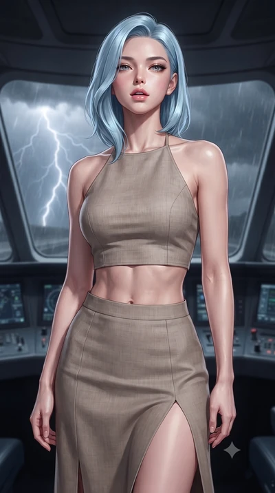 score_9, masterpiece, best quality, ultra-detailed, high-budget anime keyframe, editorial fashion photography, tasteful artistic composition, Korean woman. close-up cowboy shot from the waist and thighs up, the character dominates the composition, fi