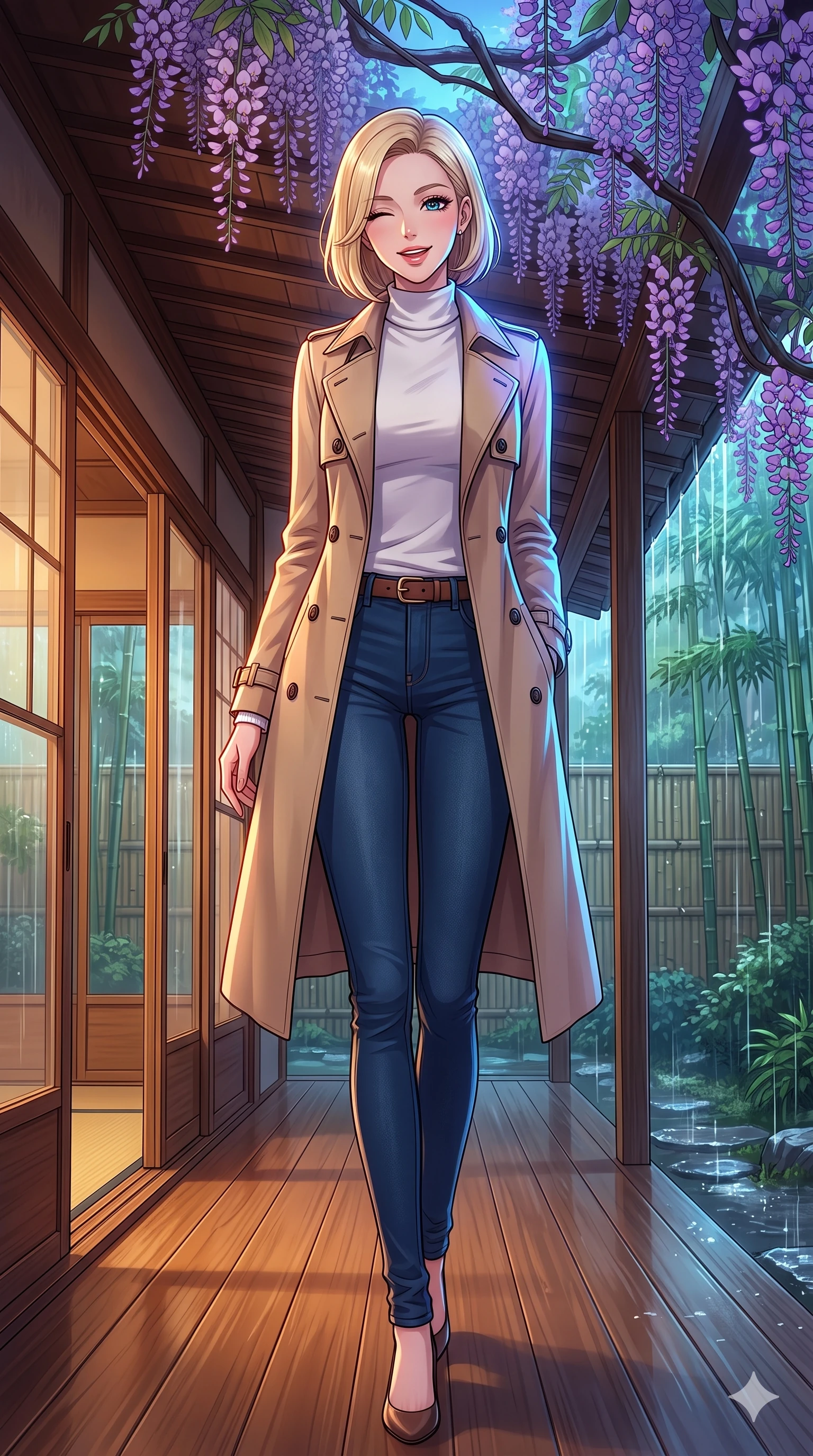 score_9, masterpiece, best quality, ultra-detailed, high-budget anime keyframe, vibrant anime aesthetic, Caucasian woman, strictly human ears. low angle full-body shot from head to toe showing her feet, filling the entire 9:16 vertical frame with her statuesque presence, stretching her vertical silhouette. She is standing under wisteria vines, winking with a cheerful and lively face, looking directly into the lens with a gentle tilt of her head. inside a warm, wood-paneled tea house veranda with large sliding glass doors facing a rain-swept bamboo garden (Code-P22-011). She has an absolutely perfect 8-heads proportion, an exceptionally tall and slender female figure with impossibly long slender legs and an ultra-slim waist. V-shaped jawline, high-bridge nose, intricate jewel-like eyes with depth, thick eyelashes, glossy lips with a natural sheen. wearing a classic beige trench coat over a white turtleneck sweater and dark skinny jeans with an elegant leather belt. She is lit by vibrant twilight sky reflections, tracing her shoulders and neckline, outlining her perfect 8-heads proportion in the rainy afternoon. 2k, ultra detail, master piece, 9:16 ratio