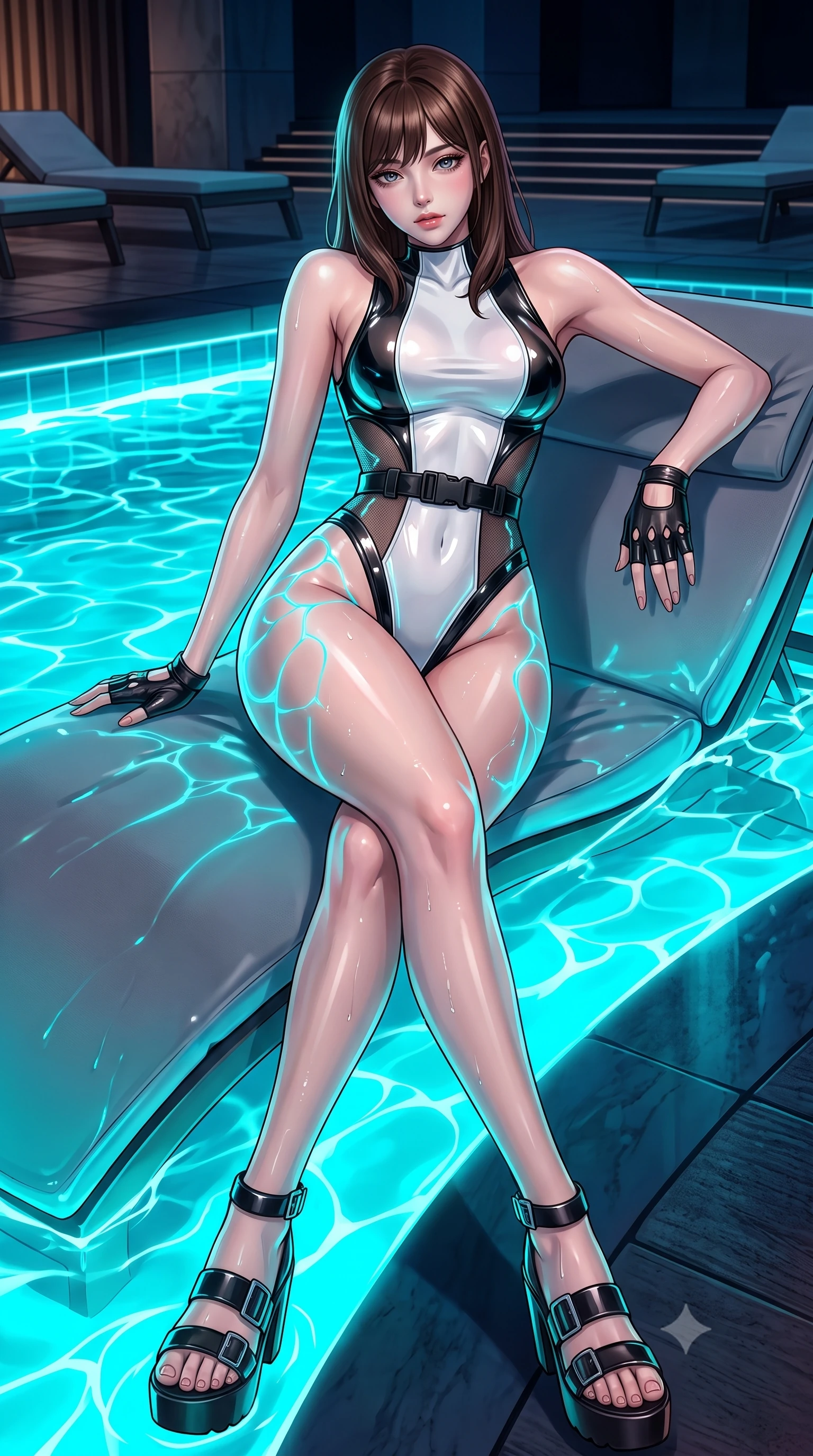 score_9, masterpiece, best quality, ultra-detailed, high-budget anime keyframe, semi-realistic 3D game render, editorial fashion photography, tasteful artistic composition, Korean woman. low angle full-body shot from head to toe showing her feet, filling the entire 9:16 vertical frame with her statuesque presence, stretching her vertical silhouette. striding forward in a proud supermodel runway stride, hips swaying in an alluring kinetic rhythm that accentuates her curvy hourglass silhouette while reclining on a submerged pool daybed with water lapping at her waist, arching her spine as glowing cyan pool caustics trace her curvy hips. The surrounding environment is rendered in vivid detail and crisp panoramic clarity. high-contrast cyber-resort chiaroscuro and atmospheric midnight pool nightlife rendered in precision. She has an absolutely perfect, statuesque 8.5-heads proportion, an exceptionally tall and slender model-like female figure with impossibly long slender legs, a toned flat midriff, an ultra-slim waist, and beautifully sculpted feminine hips. sharp v-shaped jawline, high-bridge nose, intricate jewel-like eyes with depth, thick eyelashes, glossy parted lips with a natural sheen, intensely captivating and seductive bedroom-eyes expression, flawlessly proportioned anatomical accuracy, strict slender model proportions, natural body alignment, perfectly sculpted long slender limbs, ultra-slim waistline, clean dynamic posture without body distortion. wearing a high-mobility athletic monokini with sheer mesh side contours and tactical buckle belt in high-contrast monochrome white and glossy black, made of semi-translucent cybernetic vinyl with glowing micro-filaments, accessorized with bold platform sandals and fingerless leather gloves, the precision-cut side openings and low-back scoop framing her graceful spine and the sensual sweep of her hips. surrounded by an electrifying, hypnotic, and irresistibly provocative nightlife goddess aura. highly saturated vibrant anime colors, detailed shading with soft gradients, rich glossy textures, high-contrast stereoscopic depth, volumetric dynamic lighting, master piece, 9:16 ratio