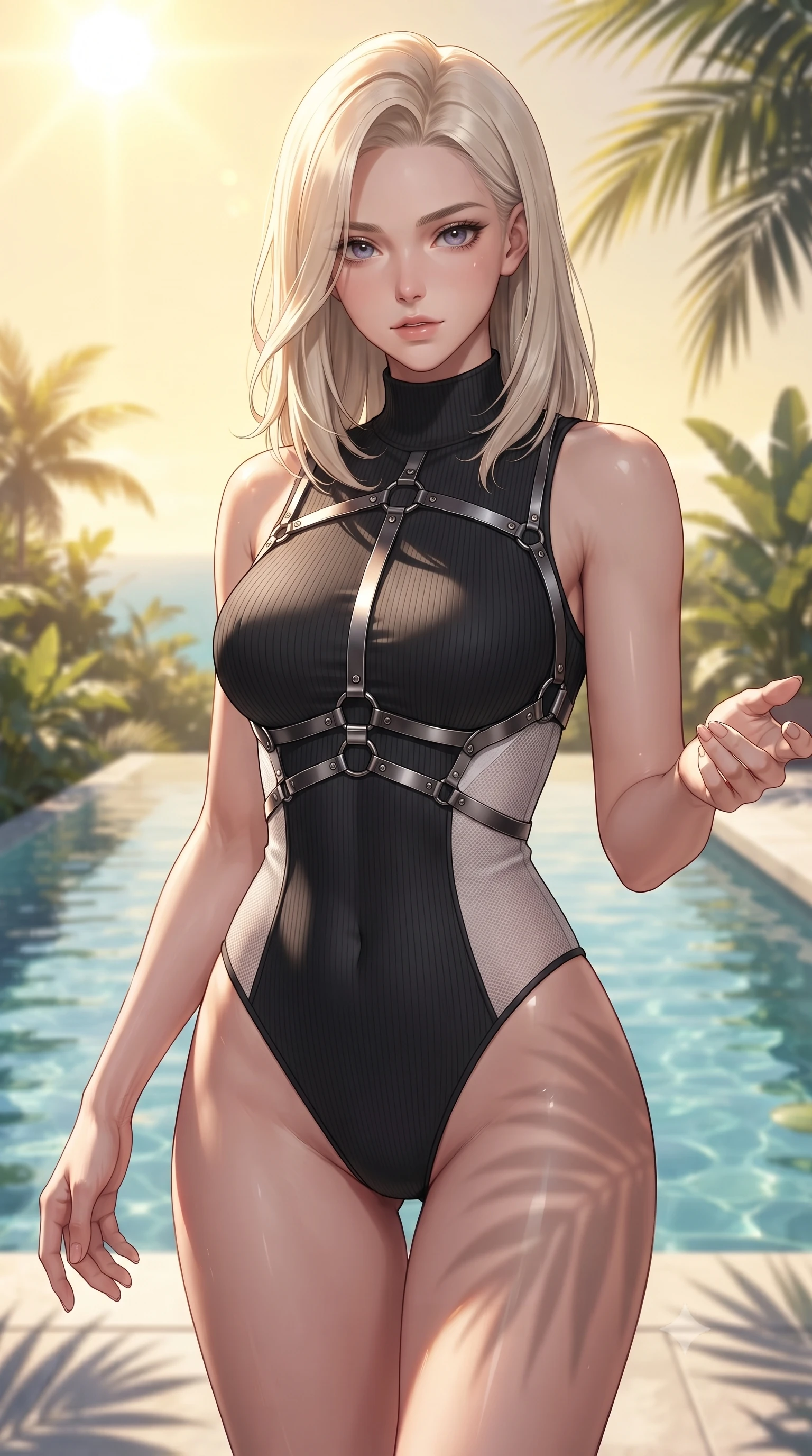 score_9, masterpiece, best quality, ultra-detailed, high-budget anime keyframe, editorial fashion photography, tasteful artistic composition, Caucasian woman. close-up cowboy shot from the waist and thighs up, the character dominates the composition, filling the frame with her large presence, background elements kept in soft focus. Reaching one hand toward the viewer with relaxed sensual elegance, poised near a clear infinity plunge pool under a brilliant golden sun sky, tropical palm frond shadows casting organic stencil patterns across her body. She has an exceptionally elegant, slender, and willowy female figure with an ultra-slim waist, a gracefully sculpted slender torso, and a refined silhouette. sharp v-shaped jawline, high-bridge nose, intricate jewel-like eyes with depth, thick eyelashes, glossy lips with a natural sheen. wearing sleek high-neck ribbed activewear bodysuit in matte black in pearl white, made of fine dark contouring mesh, highlighted by a gunmetal metallic harness structure, following her slender form with tailored precision. lit by intense midday key rays highlighting her statuesque form. ultra-reflective glossy finish, specular highlights, metallic sheen, high-contrast stereoscopic depth, volumetric dynamic lighting, 2k, ultra detail, master piece, 9:16 ratio