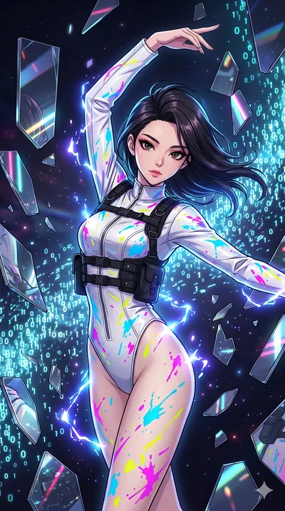score_9, masterpiece, best quality, ultra-detailed, Set A: High-budget Anime Keyframe, Korean woman. Upper body close-up from the thighs up, character filling the screen for maximum presence. Dancing through a dimension of floating mirrors, while a d