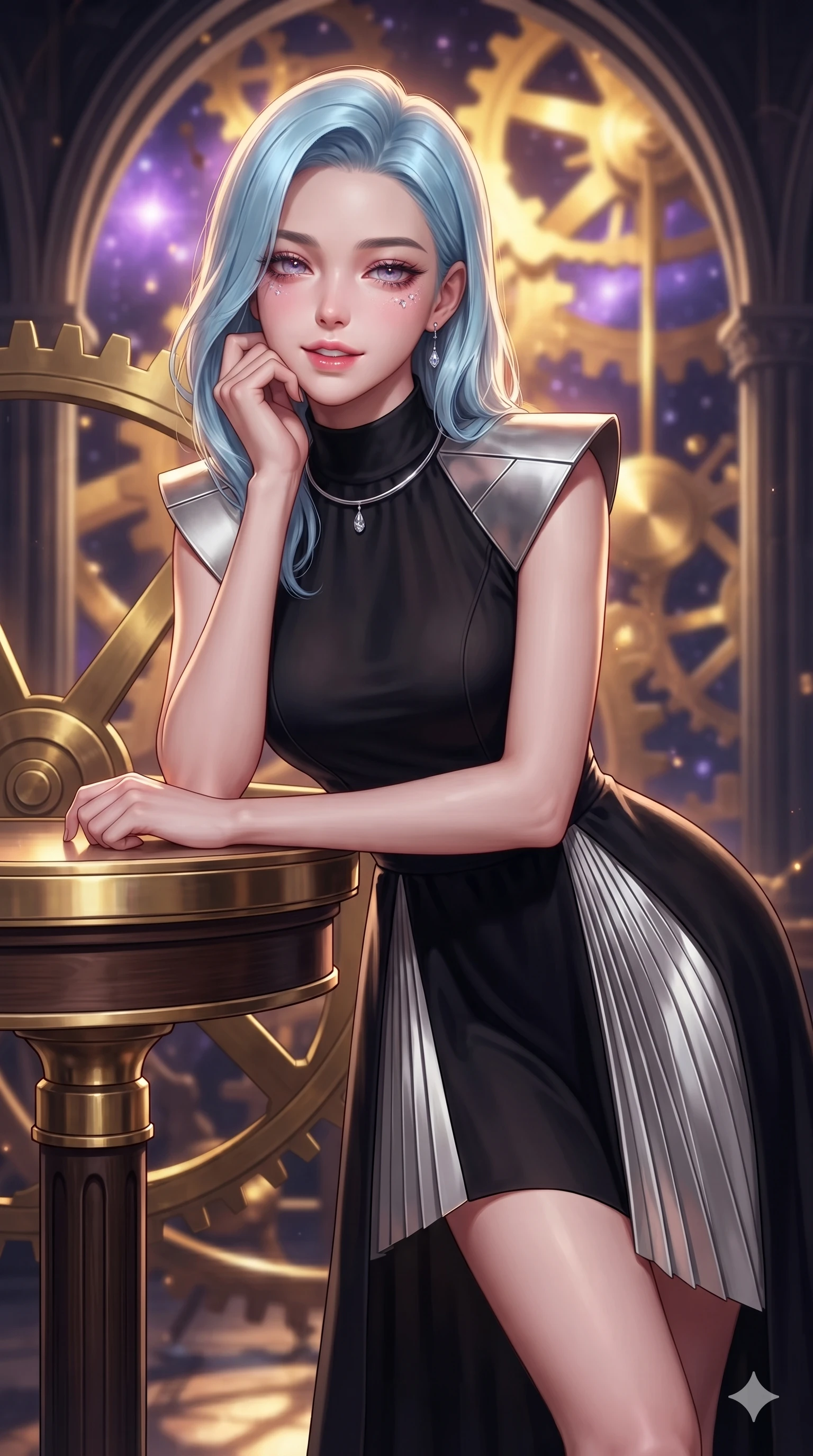 score_9, masterpiece, best quality, ultra-detailed, high-budget anime keyframe, editorial fashion photography, tasteful artistic composition, Korean woman. close-up cowboy shot from the waist and thighs up, the character dominates the composition, filling the frame with her large presence. resting one elbow on the table and supporting her chin, leaning close to the camera with heavy-lidded sparkling eyes and parted lips while leaning against the massive escapement wheel with hips cocked back, watching glowing purple nebulae drift through soaring open arches with heavy-lidded bedroom-eyes. The background shows a soft-focus colossal rotating brass cogwheels, sweeping clockwork pendulums, and vibrant purple stellar nebulae blurred into gold, amber, and violet bokeh. She has an exceptionally elegant, slender, and willowy female figure with an ultra-slim waist, flat toned midriff, narrow ribcage, and sculpted feminine hips creating an alluring, slim hourglass silhouette without bulk. sharp v-shaped jawline, high-bridge nose, intricate jewel-like sparkling eyes with depth, thick eyelashes, glossy parted lips with a natural peach sheen, bright cheerful beaming smile with an enchanting and coquettish sensual glint, exuding both youthful cute charm and seductive allure, flawlessly proportioned anatomical accuracy, strict slender model proportions, natural body alignment, perfectly sculpted long slender limbs, ultra-slim waistline, clean dynamic posture without body distortion. wearing an elegant high-neck silk georgette diplomatic gown with structured geometric shoulder plates and pleated A-line skirt in deep obsidian black and liquid molten platinum, crafted from bespoke double-faced cashmere with an exceptionally soft tactile finish, finished with a minimalist chrome choker and a single teardrop diamond pendant, the impeccably tailored cut draping gracefully along her slender figure with aristocratic poise. illuminated by gear train reflection bounce and sharp gold-violet rim lights sculpting her razor-sharp jawline, narrow waist, and curvy hips. ultra-reflective glossy finish, specular highlights, rich textural contrasts, high-contrast stereoscopic depth, volumetric dynamic lighting, 2k, ultra detail, master piece, 9:16 ratio