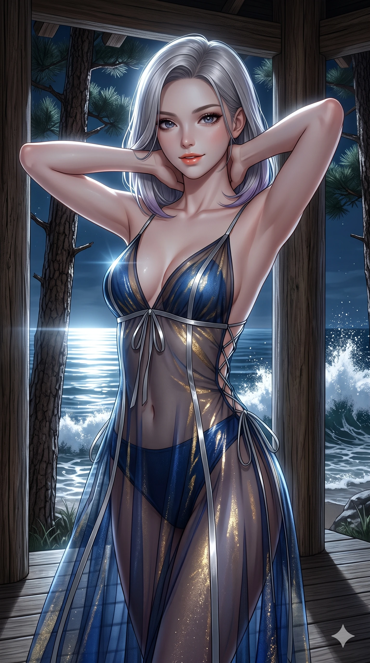 score_9, masterpiece, best quality, ultra-detailed, high-budget anime keyframe, editorial fashion photography, tasteful artistic composition, Caucasian woman. close-up cowboy shot from the waist and thighs up, the character dominates the composition, filling the frame with her large presence. resting both hands lightly behind her neck with elbows raised, arching her spine to highlight her narrow waist, flat midriff, and breathtaking collarbones while twisting her slender torso in an alluring contrapposto stance, dramatic moonlight and breaking wave spray tracing her flat midriff and hips. The surrounding environment is rendered in vivid detail and crisp panoramic clarity: sharp pine bark textures, wooden pillar grain, and crashing wave crest clarity in deep focus. She has an exceptionally elegant, slender, and willowy female figure with an ultra-slim waist, flat toned midriff, narrow ribcage, and sculpted feminine hips creating an alluring, slim hourglass silhouette without bulk. sharp v-shaped jawline, high-bridge nose, sparkling eyes with hypnotic seductive depth, thick curled eyelashes, glossy parted lips with a natural dewy peach sheen, alluring bedroom-eyes with an enchanting coquettish smile, exuding magnetic siren charisma and sophisticated glamour, flawlessly proportioned anatomical accuracy, strict slender model proportions, natural body alignment, perfectly sculpted long slender limbs, ultra-slim waistline, clean dynamic posture without body distortion. wearing a plunge-front sheer illusion tulle slip dress with liquid platinum ribbon stripes and silk otgoreum ties hugging her curves in deep ocean cobalt and shimmering gold leaf, crafted from layered gossamer black nobang organza with weightless, smoky flutter, featuring fine criss-cross lace-up side ties revealing tantalizing glimpses of her hip curve, the precision-cut side openings and low-back scoop framing her graceful spine and the sensual sweep of her slim, toned hips. bathed in brilliant horizontal moonlight sweeping across the ocean surface and into the open timber pavilion. ultra-reflective glossy finish, specular highlights, rich textural contrasts, high-contrast stereoscopic depth, volumetric dynamic lighting, 2k, ultra detail, master piece, 9:16 ratio