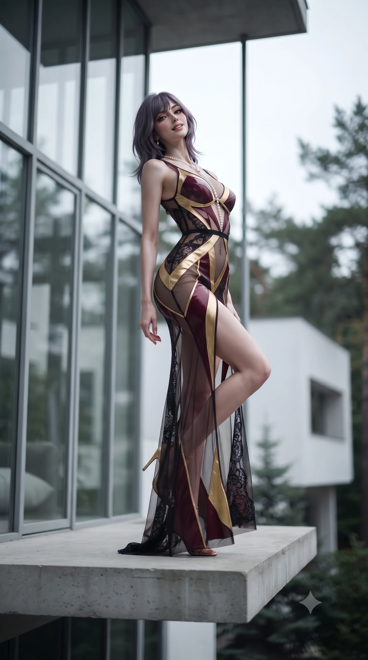 score_9, masterpiece, best quality, ultra-detailed, high-budget anime keyframe, editorial fashion photography, tasteful artistic composition, Japanese woman. low angle full-body shot from head to toe showing her feet, filling the entire 9:16 vertical frame with her statuesque presence, stretching her vertical silhouette. sitting poised on the stone steps with one knee bent, arching her spine with supermodel elegance as she glances upward through thick eyelashes while standing on the cantilevered concrete balcony framed by the iconic steel-and-glass curtain wall, arching her back with high-fashion poise. The background shows a soft-focus the monumental steel-framed glass facade, white stucco modernist buildings, and pine trees blurred into cool grey, optic white, and sage bokeh. She has an absolutely perfect, statuesque 8.5-heads proportion, an exceptionally tall and slender model-like female figure with impossibly long slender legs, an ultra-slim waist, a flat toned midriff, narrow delicate ribcage, and beautifully sculpted feminine hips creating a graceful, slim hourglass silhouette without any bulky heaviness. sharp v-shaped jawline, high-bridge nose, sparkling eyes with hypnotic seductive depth, thick curled eyelashes, glossy parted lips with a natural dewy peach sheen, alluring bedroom-eyes with an enchanting coquettish smile, exuding magnetic siren charisma and sophisticated glamour, flawlessly proportioned anatomical accuracy, strict slender model proportions, natural body alignment, perfectly sculpted long slender limbs, ultra-slim waistline, clean dynamic posture without body distortion. wearing a provocative sheer illusion mesh column gown with opaque geometric panels strategically hugging her curves in smoldering bordeaux wine and liquid gold with black chantilly lace, woven from buttery-soft stretch lambskin leather adhering to her body like a second skin, accented with a pearl-drop body harness subtly framing her dewy collarbones and spine, the precision-cut side openings and low-back scoop framing her graceful spine and the sensual sweep of her slim, toned hips. illuminated by chrome chair specular bounce and sharp platinum rim lights sculpting her jawline, flat midriff, and voluptuous hip curves. ultra-reflective glossy finish, specular highlights, rich textural contrasts, high-contrast stereoscopic depth, volumetric dynamic lighting, 2k, ultra detail, master piece, 9:16 ratio