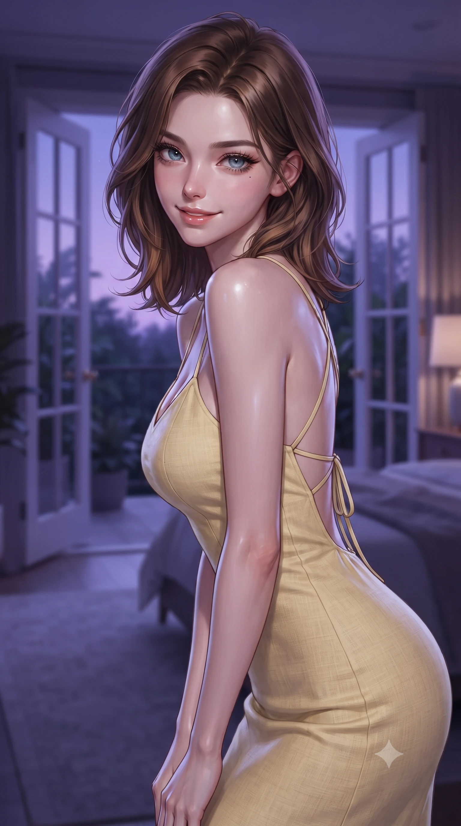 score_9, masterpiece, best quality, ultra-detailed, high-budget anime keyframe, editorial fashion photography, tasteful artistic composition, Korean woman woman. close-up cowboy shot from the waist and thighs up, the character dominates the composition, filling the frame with her large presence, background elements kept in soft focus. leaning slightly forward with a playful, teasing smile, her gaze locked onto the viewer the background shows a soft-focus a bedroom suite with double glass doors opening to a quiet botanical patio at dusk. She has an exceptionally elegant, slender, and willowy female figure with an ultra-slim waist, a gracefully sculpted slender torso, and a refined silhouette. sharp v-shaped jawline, high-bridge nose, intricate jewel-like eyes with depth, thick eyelashes, glossy lips with a natural sheen. wearing a body-hugging backless summer sundress in pale yellow linen, showing her elegant shoulder blades. deep violet twilight sky glow casting cool highlights on her form. ultra-reflective glossy finish, specular highlights, metallic sheen, high-contrast stereoscopic depth, volumetric dynamic lighting, 2k, ultra detail, master piece, 9:16 ratio