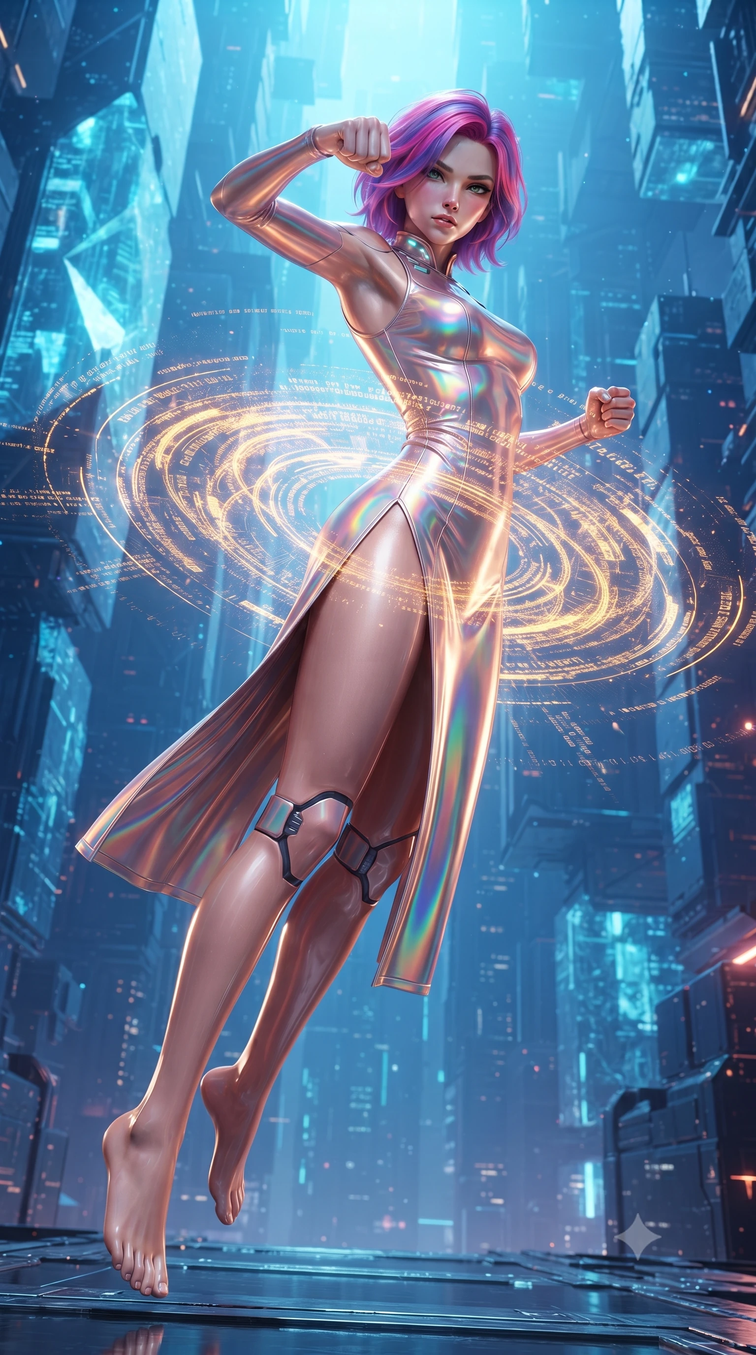 score_9, masterpiece, best quality, ultra-detailed, high-budget anime keyframe, editorial fashion photography, tasteful artistic composition, Caucasian woman. low angle full-body shot from head to toe showing her feet, filling the entire 9:16 vertical frame with her statuesque presence, stretching her vertical silhouette. leaping into mid-air with an athletic yet alluring arch of her spine, driving a downward kinetic strike surrounded by a ring of displaced air while arching her spine in a fluid zero-gravity back-arch as holographic data particles swirl in a golden mandala around her waist. The surrounding environment is rendered in vivid detail and crisp panoramic clarity. vibrant high-contrast cybernetic lighting and monumental quantum architecture in panoramic precision. She has an absolutely perfect, statuesque 8.5-heads proportion, an exceptionally tall and slender model-like female figure with impossibly long slender legs, a toned flat midriff, and an ultra-slim waist. sharp v-shaped jawline, high-bridge nose, intricate jewel-like eyes with depth, thick eyelashes, glossy lips with a natural sheen, flawlessly proportioned anatomical accuracy, strict slender model proportions, natural body alignment, perfectly sculpted long slender limbs, ultra-slim waistline, clean dynamic posture without body distortion. wearing a form-fitting luminous rose-gold carbon combat gown with tactical high leg slits and flexible kinetic knee articulation in high-gloss iridescent rainbow carbon with prism holographic sheen, crafted from ultra-strong woven carbon-fiber composite with a satin luster, featuring a sleek aerodynamic collar framed by subtle glowing cybernetic status LEDs, the liquid-tight tailored fabric emphasizing every curve of her tall, slender model proportions and sculptured silhouette during dynamic movement. bathed in glowing electric sapphire and cyan data stream illumination with rich ambient blue fill. ultra-reflective glossy finish, specular highlights, dark metallic sheen, high-contrast stereoscopic depth, volumetric dynamic lighting, 2k, ultra detail, master piece, 9:16 ratio