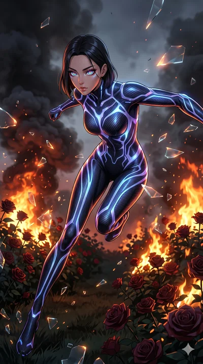 score_9, masterpiece, best quality, ultra-detailed, Set A: High-budget Anime Keyframe, Korean woman. Low angle cowboy shot filling the entire 9:16 frame with her statuesque presence. Leaping through a burning rose garden, while her eyes glow with 130