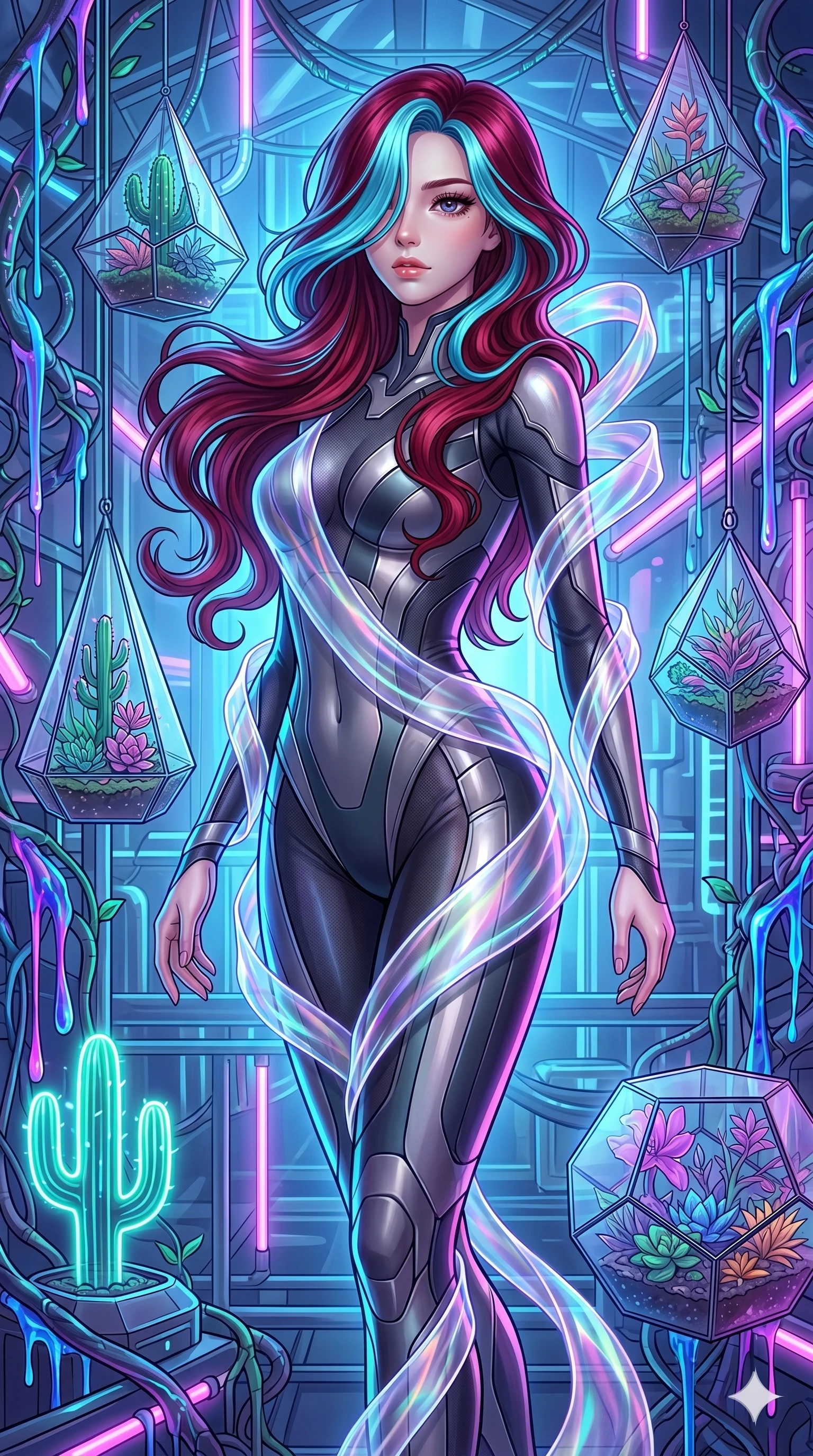 score_9, masterpiece, best quality, ultra-detailed, high-budget anime keyframe, Japanese woman. upper body close-up from the thighs up, character filling the screen for maximum presence. standing in a retro-futuristic synthwave greenhouse where glowing neon cacti and polyhedral glass terrariums float around her, while fluorescent cyber-sap drips from cybernetic vines. She has an absolutely perfect 8-heads proportion, an exceptionally tall and slender female figure with impossibly long slender legs and an ultra-slim waist. V-shaped jawline, high-bridge nose, intricate jewel-like eyes with depth, thick eyelashes, glossy lips with a natural sheen.. wearing a cybernetic bodysuit with a holographic ribbon, featuring a skin-tight contouring bodysuit wrapped in a translucent flowing holographic organza ribbon. bathed in brilliant cinematic volumetric lighting and intense neon rim light highlighting her slender form. 2k, ultra detail, master piece, 9:16 ratio