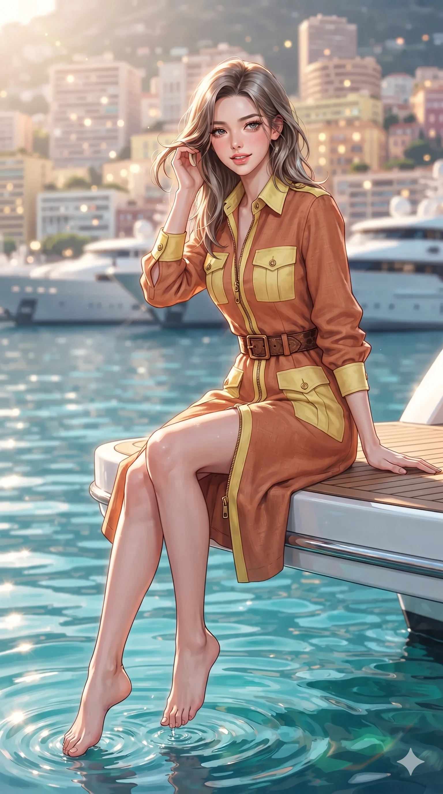 score_9, masterpiece, best quality, ultra-detailed, high-budget anime keyframe, editorial fashion photography, tasteful artistic composition, Korean woman. close-up cowboy shot from the waist and thighs up, the character dominates the composition, filling the frame with her large presence. gently brushing a lock of salt-kissed hair behind her ear while casting a playful, flirtatious side-gaze with long eyelashes while sitting poised on the teak swim platform at the water's edge with legs dangling in crystalline turquoise ripples, flashing an enchanting smile with parted glossy lips. The background shows a soft-focus tiers of illuminated Monaco high-rises, anchored superyachts, and gentle turquoise harbor ripples blurred into champagne, cyan, and rose-gold bokeh. She has an exceptionally elegant, slender, and willowy female figure with an ultra-slim waist, flat toned midriff, narrow ribcage, and sculpted feminine hips creating an alluring, slim hourglass silhouette without bulk. sharp v-shaped jawline, high-bridge nose, sparkling eyes with hypnotic seductive depth, thick curled eyelashes, glossy parted lips with a natural dewy peach sheen, alluring bedroom-eyes with an enchanting coquettish smile, exuding magnetic siren charisma and sophisticated glamour, flawlessly proportioned anatomical accuracy, strict slender model proportions, natural body alignment, perfectly sculpted long slender limbs, ultra-slim waistline, clean dynamic posture without body distortion. wearing a refined long-sleeve linen safari shirt dress with structured tortoise belt and rolled sleeves in sun-kissed terracotta and Amalfi lemon yellow, woven from bespoke sun-bleached selvedge linen with rich tactile slub texture, finished with sleek heavy-duty brass anchor zip pulls and nautical hardware, the impeccably tailored cut draping gracefully along her slender figure with aristocratic resort poise. bathed in the blinding, warm 2800K late-afternoon sun rays casting dazzling specular highlights along her silhouette. ultra-reflective glossy finish, specular highlights, rich textural contrasts, high-contrast stereoscopic depth, volumetric dynamic lighting, 2k, ultra detail, master piece, 9:16 ratio