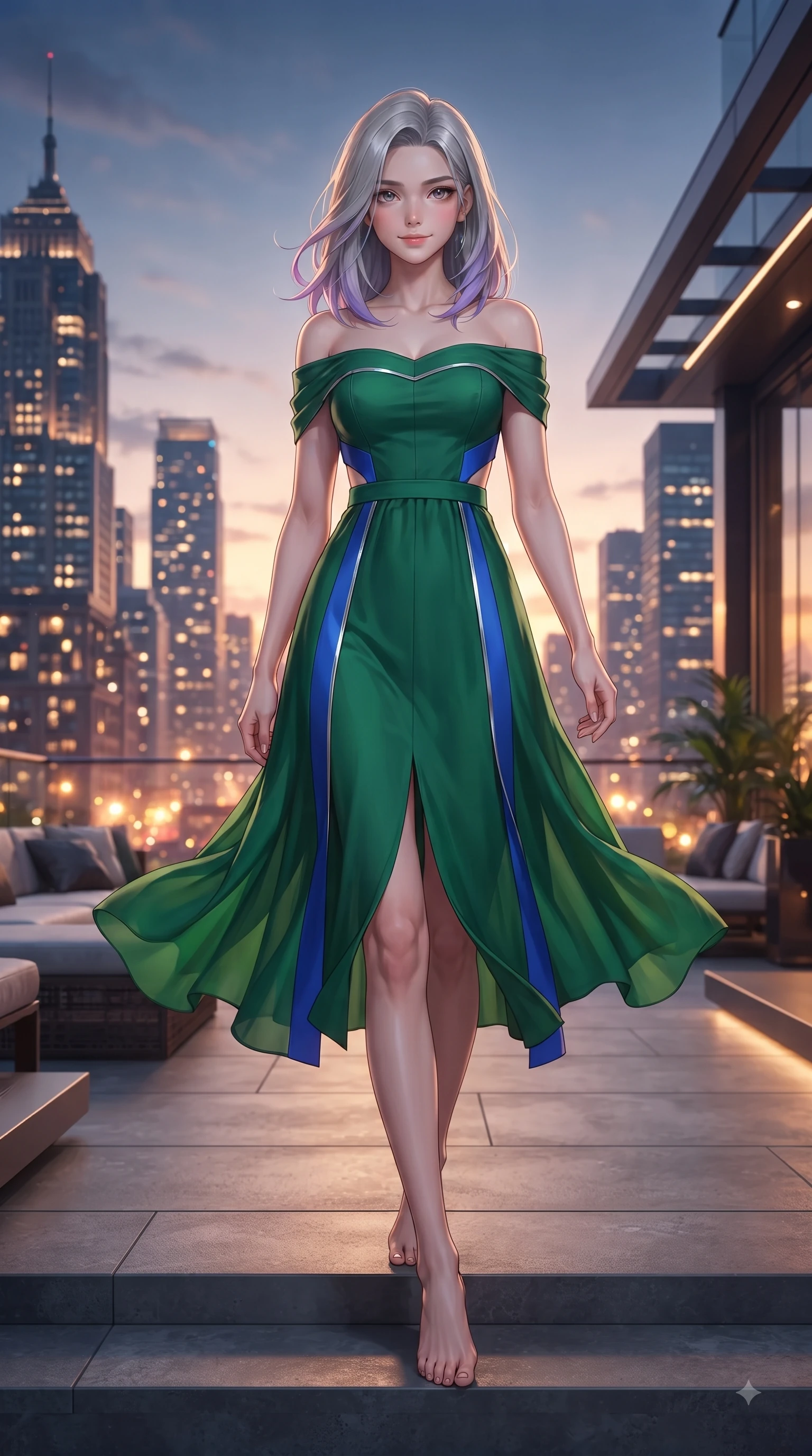 score_9, masterpiece, best quality, ultra-detailed, high-budget anime keyframe, editorial fashion photography, tasteful artistic composition, Caucasian woman. low angle full-body shot from head to toe showing her feet, filling the entire 9:16 vertical frame with her statuesque presence, stretching her vertical silhouette. Airy, translucent innocence with a soft subtle smile and a clear, pristine gaze into the lens while stepping gracefully onto an open-air rooftop lounge as golden sunset city lights twinkle. The surrounding environment is rendered in vivid detail and crisp panoramic clarity. intricate city skyline details, twilight sky gradients, and modern architectural lines in high clarity. She has an absolutely perfect, statuesque 8.5-heads proportion, an exceptionally tall and slender model-like female figure with impossibly long slender legs and an ultra-slim waist. sharp v-shaped jawline, high-bridge nose, intricate jewel-like eyes with depth, thick eyelashes, glossy lips with a natural sheen, flawlessly proportioned anatomical accuracy, natural body alignment, perfectly sculpted elegant limbs, clean dynamic posture without body distortion. wearing a vibrant forest green off-shoulder midi dress with a tasteful front slit in electric cobalt blue and polished silver accent, woven from fine lightweight chiffon fluttering gracefully, complemented by clean architectural seams and subtle cutouts, the tailored fit highlighting her statuesque and model-like silhouette. surrounded by an opulent, glamorous, and high-fashion nightlife editorial aura. ultra-reflective glossy finish, specular highlights, metallic sheen, high-contrast stereoscopic depth, volumetric dynamic lighting, 2k, ultra detail, master piece, 9:16 ratio