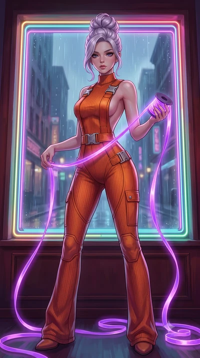 score_9, masterpiece, best quality, ultra-detailed, High-budget Anime Keyframe, Caucasian woman, strictly human ears. Low angle cowboy shot filling the entire 9:16 frame with her statuesque presence. Scenario 539: unravelling a spool of glowing viole