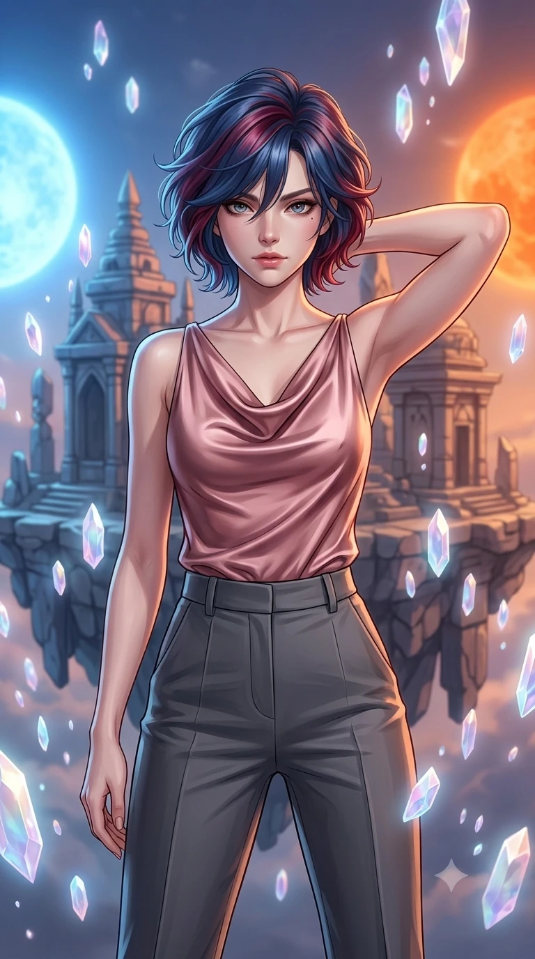 score_9, masterpiece, best quality, ultra-detailed, high-budget anime keyframe, editorial fashion photography, tasteful artistic composition, Korean woman. close-up cowboy shot from the waist and thighs up, the character dominates the composition, filling the frame with her large presence, background elements kept in soft focus. Placing one hand behind her head with confident body language and a direct stare. set against a soft-focus background of a floating stone shrine suspended in the gravitational balance point between two suns one burning deep orange and the other brilliant blue creating a perpetual dual-colored twilight on every surface. She has an exceptionally elegant and slender, willowy female figure with an ultra-slim waist, a gracefully sculpted slender torso, and a refined slim physique. sharp v-shaped jawline, high-bridge nose, intricate jewel-like eyes with depth, thick eyelashes, glossy lips with a natural sheen. wearing a draped cowl-neck top in dusty pink satin, paired with high-waisted tailored trousers in deep charcoal. ethereal pearlescent light emanating from floating crystalline formations all around. 2k, ultra detail, master piece, 9:16 ratio