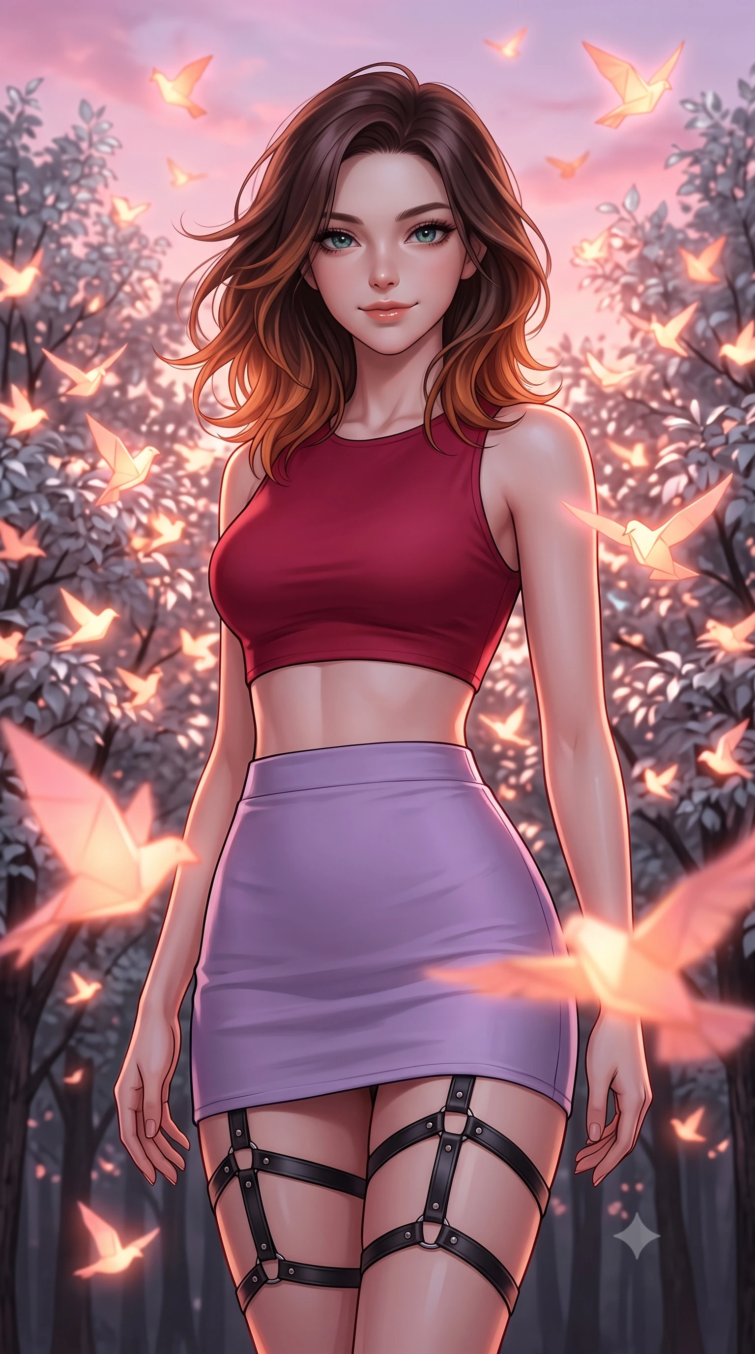 score_9, masterpiece, best quality, ultra-detailed, high-budget anime keyframe, editorial fashion photography, tasteful artistic composition, Korean woman. close-up cowboy shot from the waist and thighs up, the character dominates the composition, filling the frame with her large presence, background elements kept in soft focus. Smiling softly with a knowing, happy look in her eyes. set against a soft-focus background of in a forest clearing filled with silver-leaf trees where thousands of glowing paper birds nest and take flight into a pink evening sky. She has an exceptionally elegant, slender, and willowy female figure with a highly-defined ultra-slim waist, a gracefully sculpted slender torso, and a refined slim-fit silhouette that contours her form. sharp v-shaped jawline, high-bridge nose, intricate jewel-like eyes with depth, thick eyelashes, glossy lips with a natural sheen. wearing a matte crimson crop top paired with matching high-waist lavender mini skirt and black leather thigh straps. warm orange and pink glow from the paper birds illuminating the silver leaves and casting a warm cozy light. 2k, ultra detail, master piece, 9:16 ratio