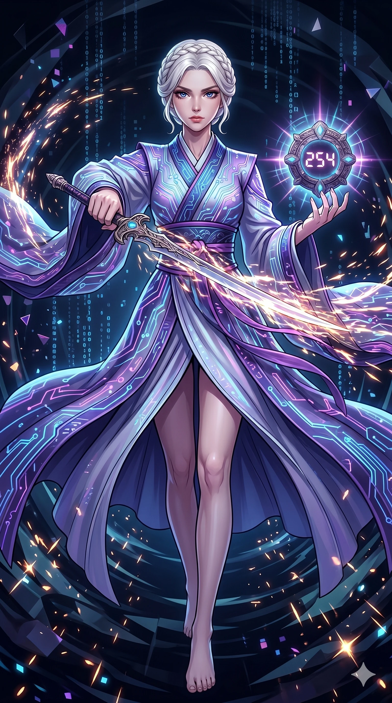 score_9, masterpiece, best quality, ultra-detailed, Set A: High-budget Anime Keyframe, Japanese woman. Low angle cowboy shot filling the entire 9:16 frame with her statuesque presence. Drawing a blade through a virtual reality void, holding a relic that pulses with the frequency 254 and surrounded by glowing energy sparks. She has an absolutely perfect 8-heads proportion, an exceptionally tall and slender female figure with impossibly long slender legs and an ultra-slim waist. Sharp v-shaped jawline, high-bridge nose, intricate jewel-like eyes with depth, thick eyelashes, glossy lips with a natural sheen. Wearing Traditional silk robe with a modern tech-twist, featuring glowing circuit patterns. Cinematic lighting, vibrant colors, dramatic shadows, 2k, ultra detail, master piece, 9:16 ratio