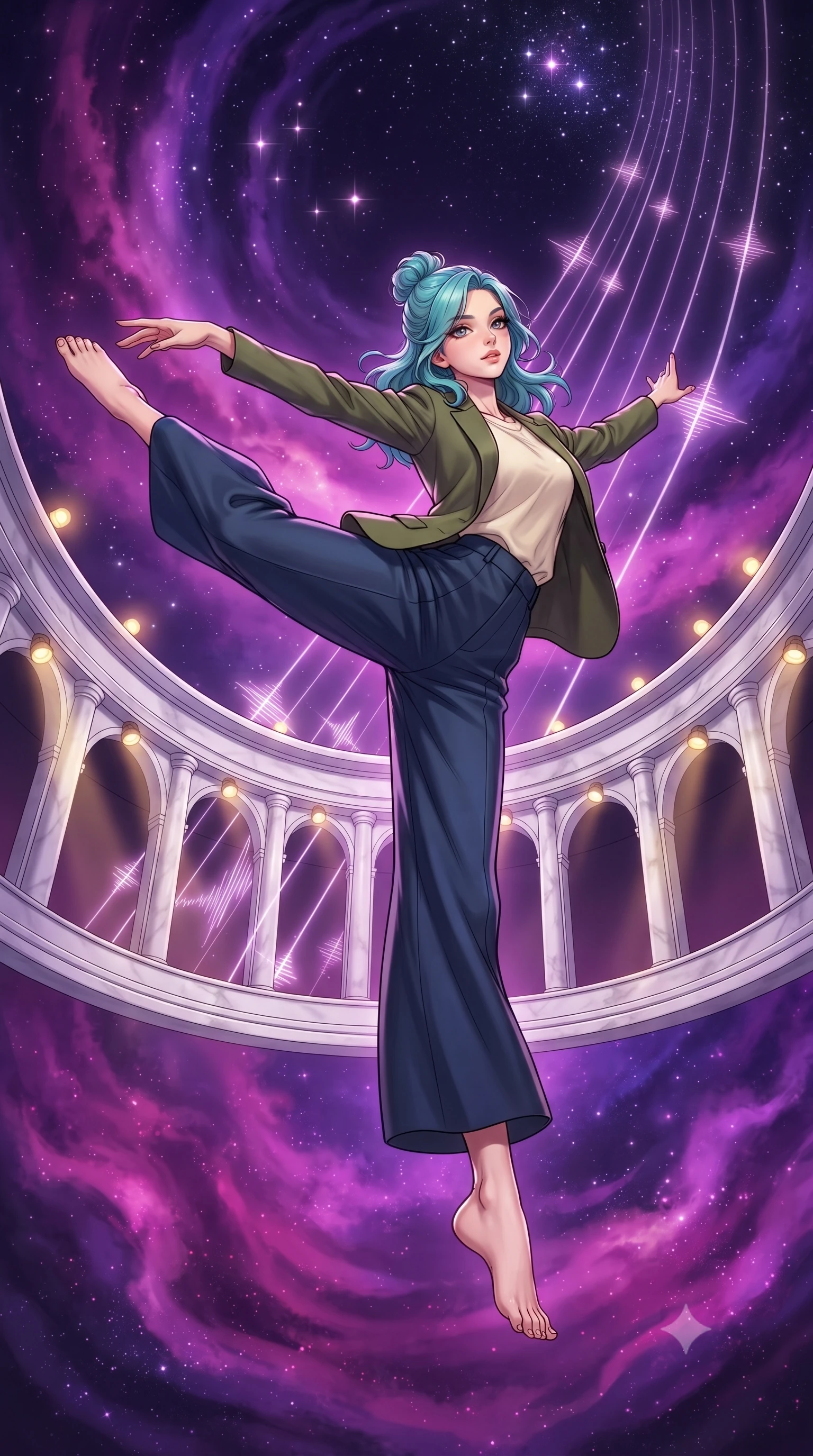 score_9, masterpiece, best quality, ultra-detailed, high-budget anime keyframe, gorgeous anime illustration, with clean line-art, distinct ink outlines, and high-contrast stereoscopic depth, Japanese woman. low angle full-body shot from head to toe showing her feet, filling the entire 9:16 vertical frame with her statuesque presence, stretching her vertical silhouette. pirouetting mid-air inside a semicircular theater carved from white marble floating in a purple nebula, with giant strings of light stretching from the stage to the stars, vibrating with visual sound waves. She has a statuesque 8.5-heads proportion, an exceptionally tall, slender and willowy model-like build with impossibly long legs and a highly sculpted ultra-slim waist. sharp v-shaped jawline, high-bridge nose, intricate jewel-like eyes with depth, thick eyelashes, glossy lips with a natural sheen. wearing a tailored olive green blazer over a cream cotton tee and dark blue wide-leg trousers. soft purple-magenta ambient lighting with theatrical spotlights of gold tracing the marble arches. 2k, ultra detail, master piece, 9:16 ratio, highly saturated vibrant anime colors, detailed cel-shading with soft gradients, rich glossy textures, deep contrast, volumetric dynamic lighting, 2d animation style