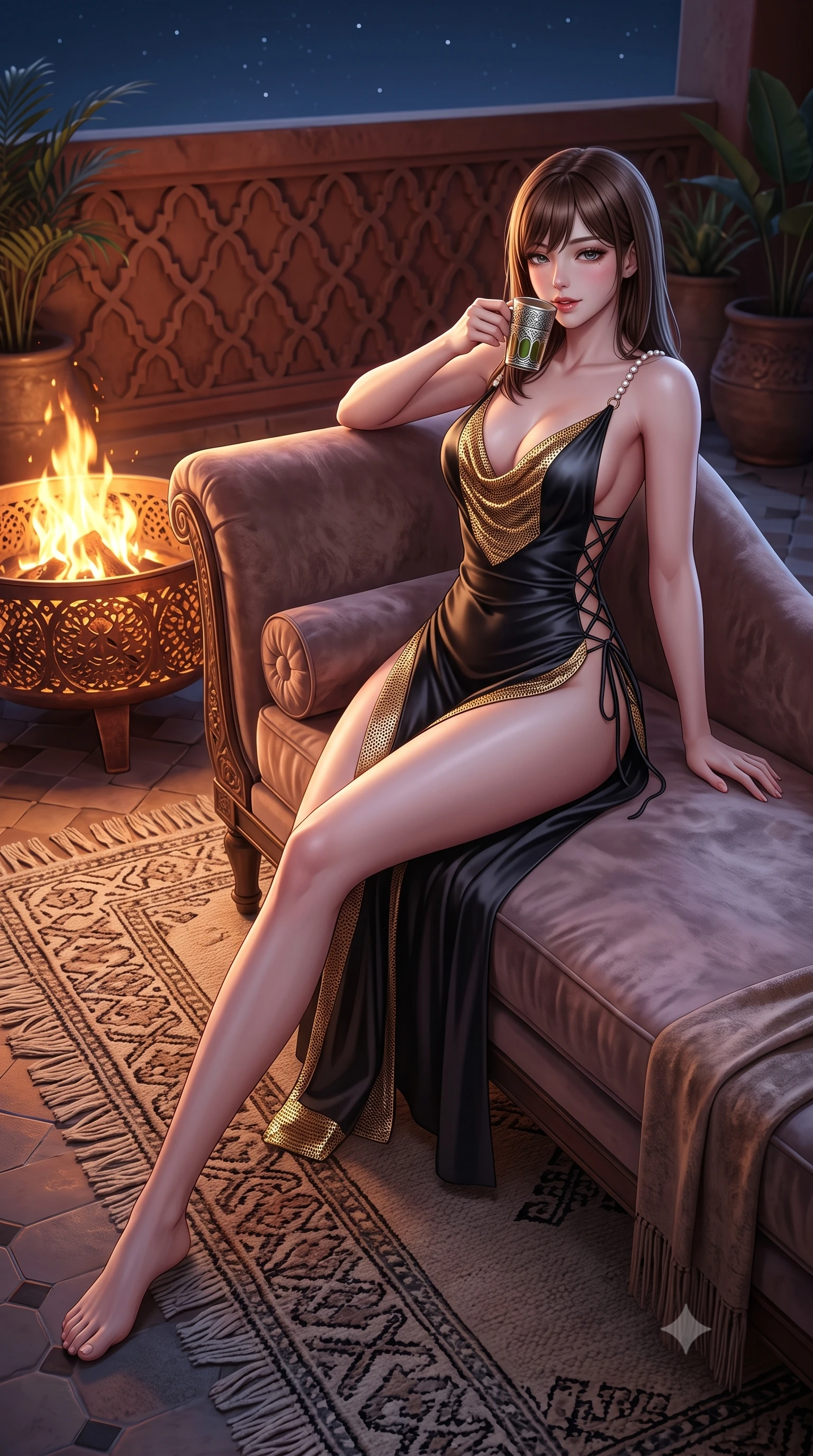 score_9, masterpiece, best quality, ultra-detailed, high-budget anime keyframe, semi-realistic 3D game render, editorial fashion photography, tasteful artistic composition, Korean woman. low angle full-body shot from head to toe showing her feet, filling the entire 9:16 vertical frame with her statuesque presence, stretching her vertical silhouette. reclining gracefully across the plush chaise lounge with one leg extended, her sculpted silhouette and flat midriff radiating magnetic nocturnal glamour while sitting perched on the edge of the carpeted lounge with legs extended, holding a silver mint tea glass with a captivating seductive smile. The surrounding environment is rendered in vivid detail and crisp panoramic clarity: sharp handwoven Berber rug textures, pierced copper fire pit engravings, and terracotta parapet relief in deep focus. She has an absolutely perfect, statuesque 8.5-heads proportion, an exceptionally tall and slender model-like female figure with impossibly long slender legs, an ultra-slim waist, a flat toned midriff, narrow delicate ribcage, and beautifully sculpted feminine hips creating a graceful, slim hourglass silhouette without any bulky heaviness. sharp v-shaped jawline, high-bridge nose, sparkling eyes with hypnotic seductive depth, thick curled eyelashes, glossy parted lips with a natural dewy peach sheen, alluring bedroom-eyes with an enchanting coquettish smile, exuding magnetic siren charisma and sophisticated glamour, flawlessly proportioned anatomical accuracy, strict slender model proportions, natural body alignment, perfectly sculpted long slender limbs, ultra-slim waistline, clean dynamic posture without body distortion. wearing a plunging cowl-neck liquid silk satin sarong slip dress with daring hip-high double slits and pearl shoulder straps in Shanghai Art Deco black and polished brass gold, crafted from shimmering fluid chainmail mesh reflecting ambient lights, featuring fine criss-cross lace-up side ties revealing tantalizing glimpses of her hip curve, the liquid-tight tailored fabric clinging flawlessly to her narrow waist and rounded feminine hips, emphasizing every millimeter of her sculpted slim hourglass curves without any bulky heaviness. bathed in the warm, dynamic golden-crimson flicker of the outdoor copper fire bowl mixed with pure silver celestial starlight. highly saturated vibrant anime colors, detailed shading with soft gradients, rich glossy textures, high-contrast stereoscopic depth, volumetric dynamic lighting, master piece, 9:16 ratio