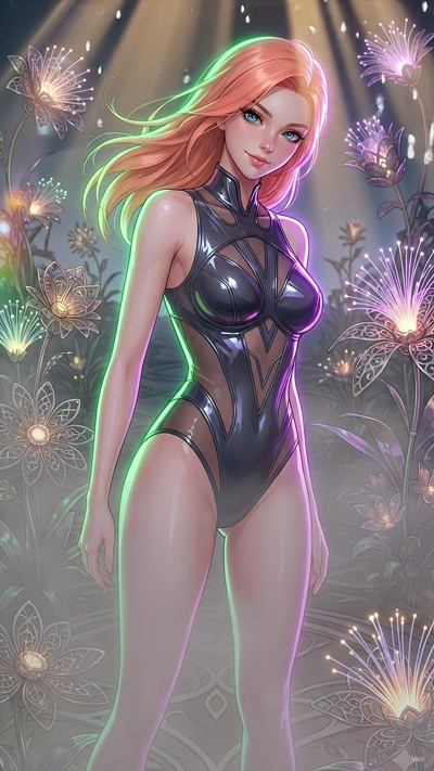 A cinematic anime-style video. The scene fills with a gentle mist and tiny water droplets drifting through the warm air. Volumetric sunbeams stream through the greenhouse dome, creating shimmering rainbow lens flares that rotate slowly. The character
