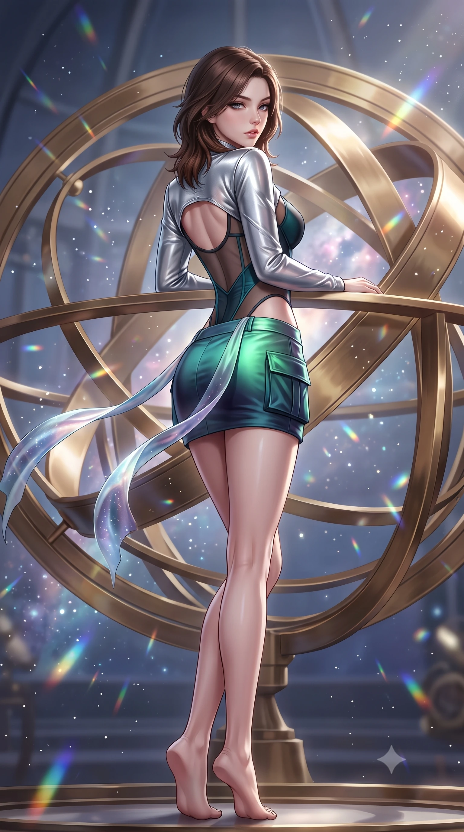 score_9, masterpiece, best quality, ultra-detailed, high-budget anime keyframe, semi-realistic 3D game render, editorial fashion photography, tasteful artistic composition, Korean woman. low angle full-body shot from head to toe showing her feet, filling the entire 9:16 vertical frame with her statuesque presence, stretching her vertical silhouette. posing with back turned slightly to the lens, glancing back with smoldering allure as she arches her lower back to emphasize her sculpted feminine hips and slender waist while leaning back against the polished brass rings of a colossal rotating armillary sphere, hips tilted in a seductive contrapposto stance. The composition keeps background elements in soft focus with creamy bokeh. floating stardust flecks and prismatic telescope lens refractions scattering ethereal light motes. She has an absolutely perfect, statuesque 8.5-heads proportion, an exceptionally tall and slender model-like female figure with impossibly long slender legs, a toned flat midriff, an ultra-slim waist, and beautifully sculpted feminine hips. sharp v-shaped jawline, high-bridge nose, intricate jewel-like eyes with depth, thick eyelashes, glossy parted lips with a natural sheen, intensely captivating and seductive bedroom-eyes expression, flawlessly proportioned anatomical accuracy, strict slender model proportions, natural body alignment, perfectly sculpted long slender limbs, ultra-slim waistline, clean dynamic posture without body distortion. wearing a futuristic sheer mesh bodysuit layered under a metallic silver shrug bolero and micro cargo skirt in glowing aurora green and midnight teal, tailored from fluid silk crepe with delicate inner corsetry boning, complemented by floating celestial silk ribbons catching the nebula light, the precision-cut side openings and low-back scoop framing her graceful spine and the sensual sweep of her hips. surrounded by a celestial, immortal, and deeply hypnotic cosmos sovereign aura. highly saturated vibrant anime colors, detailed shading with soft gradients, rich glossy textures, high-contrast stereoscopic depth, volumetric dynamic lighting, master piece, 9:16 ratio