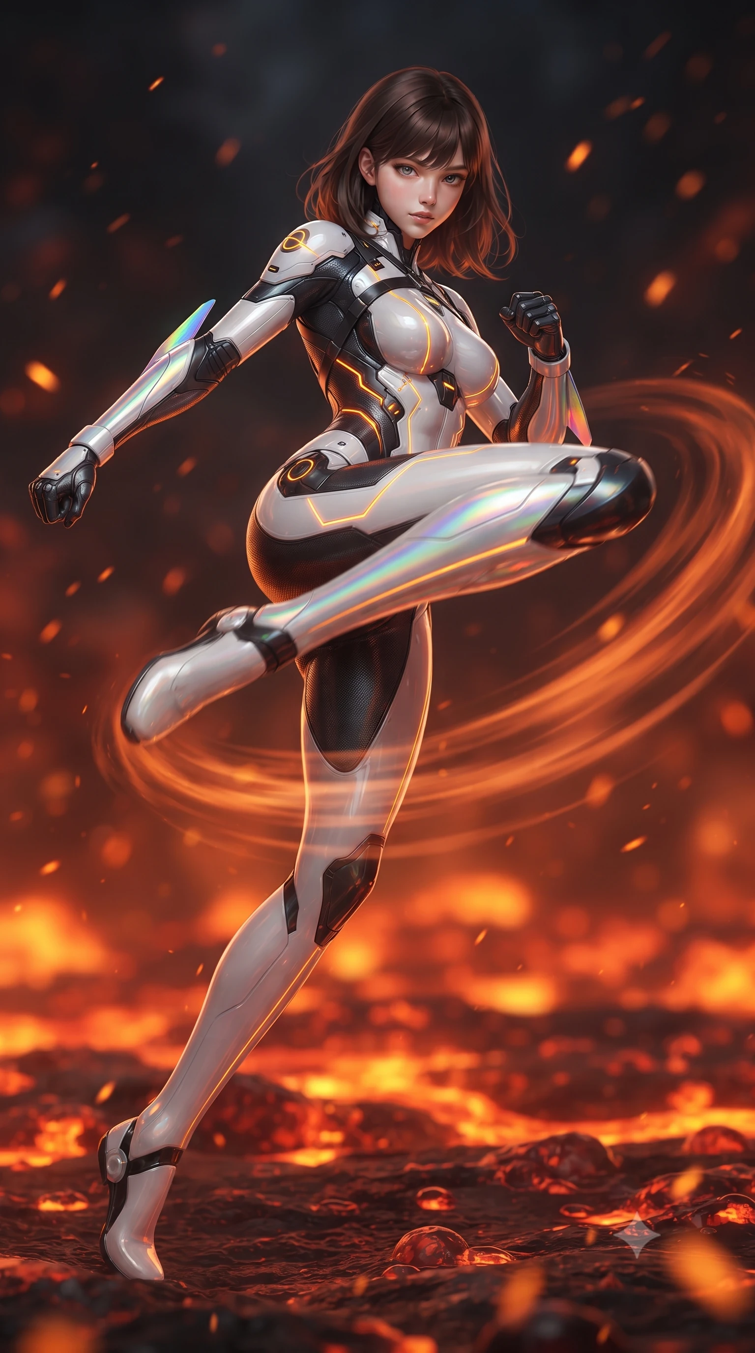 score_9, masterpiece, best quality, ultra-detailed, high-budget anime keyframe, editorial fashion photography, tasteful artistic composition, Korean woman. low angle full-body shot from head to toe showing her feet, filling the entire 9:16 vertical frame with her statuesque presence, stretching her vertical silhouette. striding forward with sovereign warrior elegance in a low, predatory combat advance, hips swaying with fierce athletic poise from head to toe while pivoting dynamically on one palm as her long slender leg sweeps through the air, creating a swirling vortex of heat waves. The composition keeps background elements in soft focus with creamy bokeh. bubbling molten magma rivers and drifting orange heat embers blurred into rich fiery amber, crimson, and charcoal bokeh. She has an absolutely perfect, statuesque 8.5-heads proportion, an exceptionally tall and slender model-like female figure with impossibly long slender legs, a toned flat midriff, and an ultra-slim waist. sharp v-shaped jawline, high-bridge nose, intricate jewel-like eyes with depth, thick eyelashes, glossy lips with a natural sheen, flawlessly proportioned anatomical accuracy, strict slender model proportions, natural body alignment, perfectly sculpted long slender limbs, ultra-slim waistline, clean dynamic posture without body distortion. wearing a high-contrast monochrome white-and-black carbon-composite exoskeleton suit with glowing amber circuitry and aerodynamic limb fins in high-gloss iridescent rainbow carbon with prism holographic sheen, crafted from ultra-strong woven carbon-fiber composite with a satin luster, complemented by criss-cross back harness straps highlighting her completely bare spine, the form-contouring material adhering flawlessly to her sculpted flat midriff and slender torso, emphasizing her long leg lines and perfectly proportioned willowy build. bathed in blazing orange magma uplights and warm amber reactor ambient radiance. ultra-reflective glossy finish, specular highlights, dark metallic sheen, high-contrast stereoscopic depth, volumetric dynamic lighting, 2k, ultra detail, master piece, 9:16 ratio
