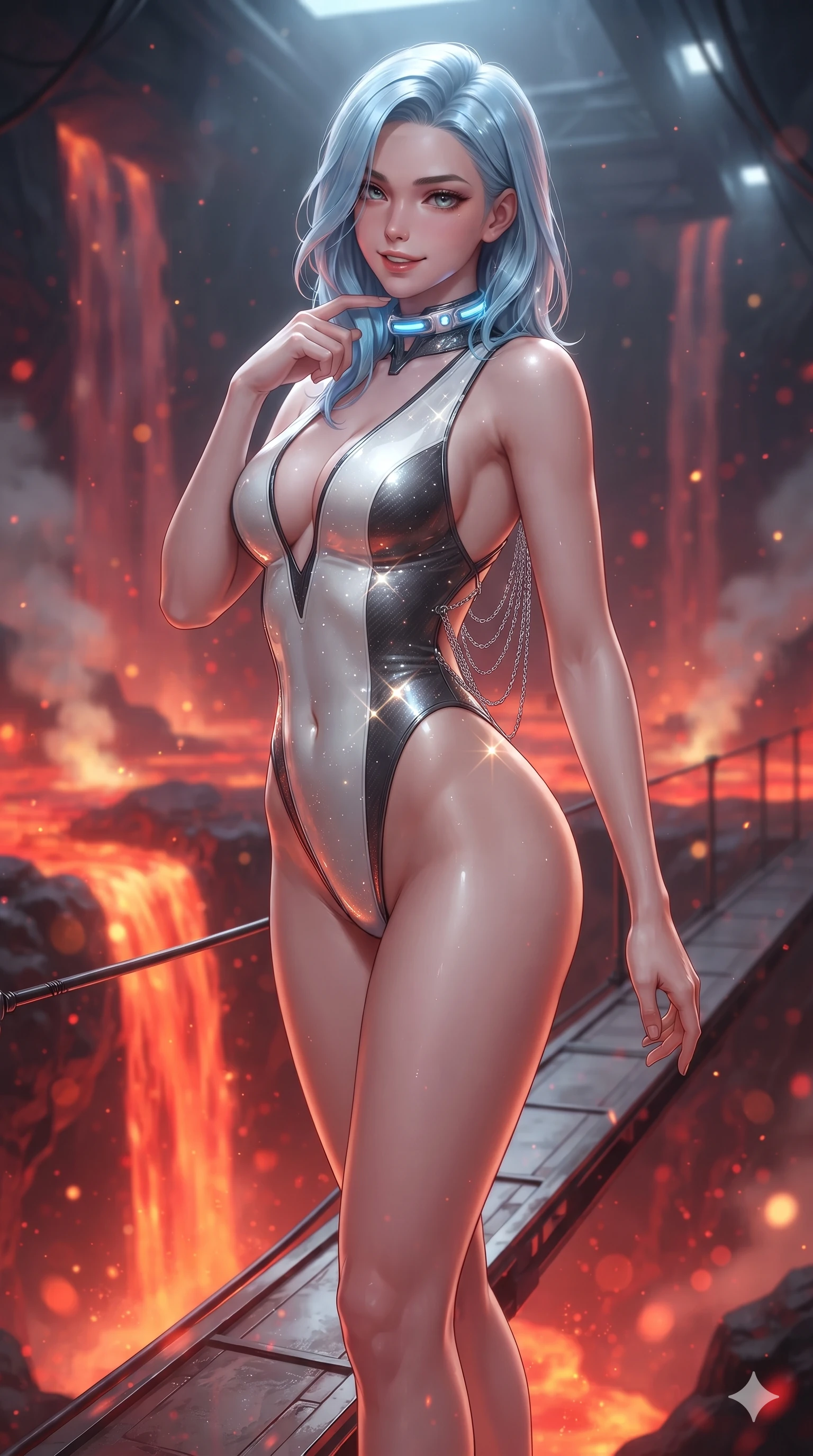 score_9, masterpiece, best quality, ultra-detailed, high-budget anime keyframe, editorial fashion photography, tasteful artistic composition, Korean woman. close-up cowboy shot from the waist and thighs up, the character dominates the composition, filling the frame with her large presence. tilting her head with a teasing half-smile, running one finger slowly along her glowing comm-link collar in a flirtatious gesture while standing poised on the suspended titanium gantry high above a subterranean lava river, arching her back with sovereign grace as liquid magma cascades into the void below. The background shows a soft-focus cascading subterranean magma waterfalls, rising sulfur steam plumes, and glowing ember motes blurred into crimson, vermilion, and gold bokeh. She has an exceptionally elegant, slender, and willowy female figure with an ultra-slim waist, flat toned midriff, narrow ribcage, and sculpted feminine hips creating an alluring, slim hourglass silhouette without bulk. sharp v-shaped jawline, high-bridge nose, intricate jewel-like sparkling eyes with depth, thick eyelashes, glossy parted lips with a natural sheen, bright confident smile with an enchanting and coquettish sensual glint, exuding both youthful magnetic charm and sovereign high-tech allure, flawlessly proportioned anatomical accuracy, strict slender model proportions, natural body alignment, perfectly sculpted long slender limbs, ultra-slim waistline, clean dynamic posture without body distortion. wearing a glossy vinyl and carbon-fiber hybrid bodysuit with a plunging neckline and high-cut leg openings in pure alabaster white and brushed silver accents, woven from stretch metallic lurex jersey casting radiant starlight glints across her curves, accented with an open-back drape framed by falling strands of delicate chrome chains, the precision-cut side openings and low-back scoop framing her graceful spine and the sensual sweep of her slim, toned hips. bathed in the radiant 2000K upward glow of the cascading magma river combined with overhead industrial quartz worklights. ultra-reflective glossy finish, specular highlights, rich textural contrasts, high-contrast stereoscopic depth, volumetric dynamic lighting, 2k, ultra detail, master piece, 9:16 ratio
