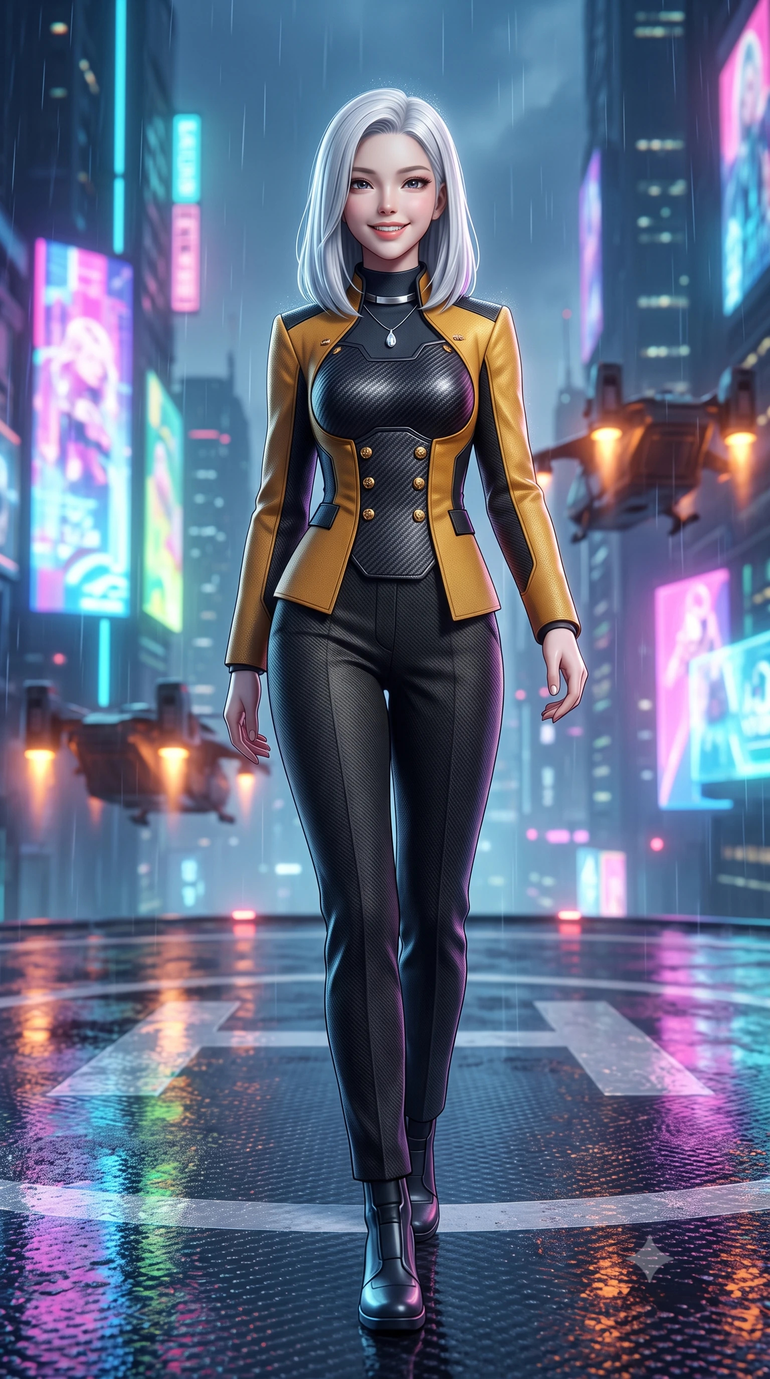 score_9, masterpiece, best quality, ultra-detailed, high-budget anime keyframe, semi-realistic 3D game render, editorial fashion photography, tasteful artistic composition, Korean woman. low angle full-body shot from head to toe showing her feet, filling the entire 9:16 vertical frame with her statuesque presence, stretching her vertical silhouette. stepping forward in a confident stride, her long slender legs and curvaceous hips creating a dynamic, sweeping vertical line while standing poised on the rain-washed carbon-fiber helipad atop the vertical mega-citadel, arching her lower back with commanding anime warrior charisma as tactical VTOL transports hover nearby. The background shows a soft-focus fine neon-lit rain mist softened in cyberpunk citadel rooftop shallow focus. She has an exceptionally tall and slender model-like 8.5-heads proportion, an ultra-slim waist, a flat toned midriff, narrow delicate ribcage, and beautifully sculpted feminine hips creating a graceful, slim hourglass silhouette without any bulky heaviness, with impossibly long slender legs. sharp v-shaped jawline, high-bridge nose, intricate jewel-like sparkling eyes with depth, thick eyelashes, glossy parted lips with a natural peach sheen, bright cheerful beaming smile with an enchanting and coquettish sensual glint, exuding both youthful cute charm and seductive allure, flawlessly proportioned anatomical accuracy, strict slender model proportions, natural body alignment, perfectly sculpted long slender limbs, ultra-slim waistline, clean dynamic posture without body distortion. wearing a structured cyber-infantry dress uniform jacket with carbon-fiber chest plating and brass buttons over a mock-neck top and tailored wool trousers in solar-wind gold and deep space void black, woven from structured carbon-fiber jacquard with rich textural depth, finished with a minimalist chrome choker and a single teardrop diamond pendant, the bespoke structured tailoring following the natural line of her 8.5-heads silhouette with refined elegance. bathed in the multi-hued ambient neon glow of towering holographic billboards mixed with warm orange VTOL engine exhausts. highly saturated vibrant anime colors, detailed shading with soft gradients, rich glossy textures, high-contrast stereoscopic depth, volumetric dynamic lighting, master piece, 9:16 ratio
