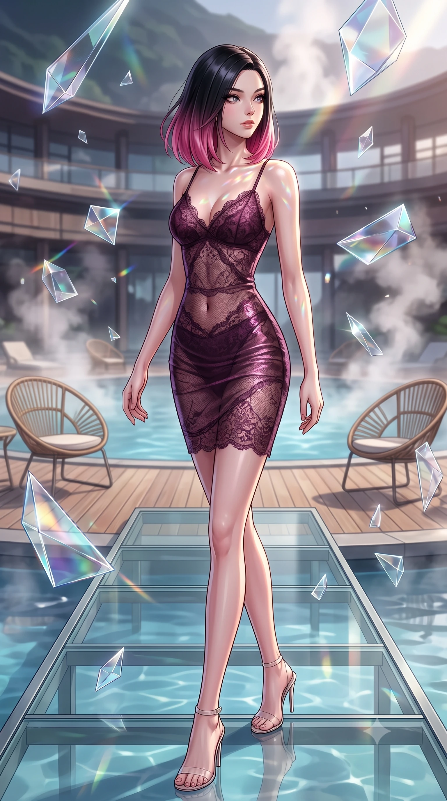 score_9, masterpiece, best quality, ultra-detailed, high-budget anime keyframe, editorial fashion photography, tasteful artistic composition, Korean woman. low angle full-body shot from head to toe showing her feet, filling the entire 9:16 vertical frame with her statuesque presence, stretching her vertical silhouette. walking slowly along a glass skybridge, looking back over her shoulder with an air of effortless grace, the background shows a soft-focus a geothermal bath pool deck with floating glass prism fragments and rattan chairs. She has an absolutely perfect, statuesque 8.5-heads proportion, an exceptionally tall and slender model-like female figure with impossibly long slender legs and an ultra-slim waist. sharp v-shaped jawline, high-bridge nose, intricate jewel-like eyes with depth, thick eyelashes, glossy lips with a natural sheen. wearing a body-hugging sheer lace slip dress in deep plum, showing a glimpse of her delicately sculpted midriff. floating glass fragments reflecting light rays onto her elegant collarbone. highly saturated vibrant anime colors, detailed shading with soft gradients, rich glossy textures, high-contrast stereoscopic depth, volumetric dynamic lighting, master piece, 9:16 ratio