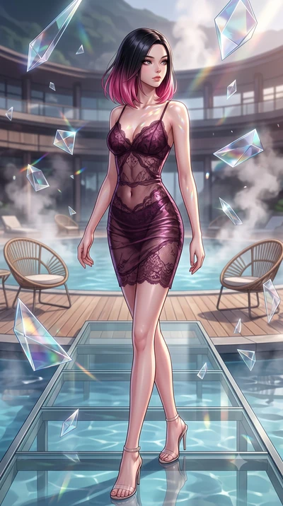 score_9, masterpiece, best quality, ultra-detailed, high-budget anime keyframe, editorial fashion photography, tasteful artistic composition, Korean woman. low angle full-body shot from head to toe showing her feet, filling the entire 9:16 vertical f