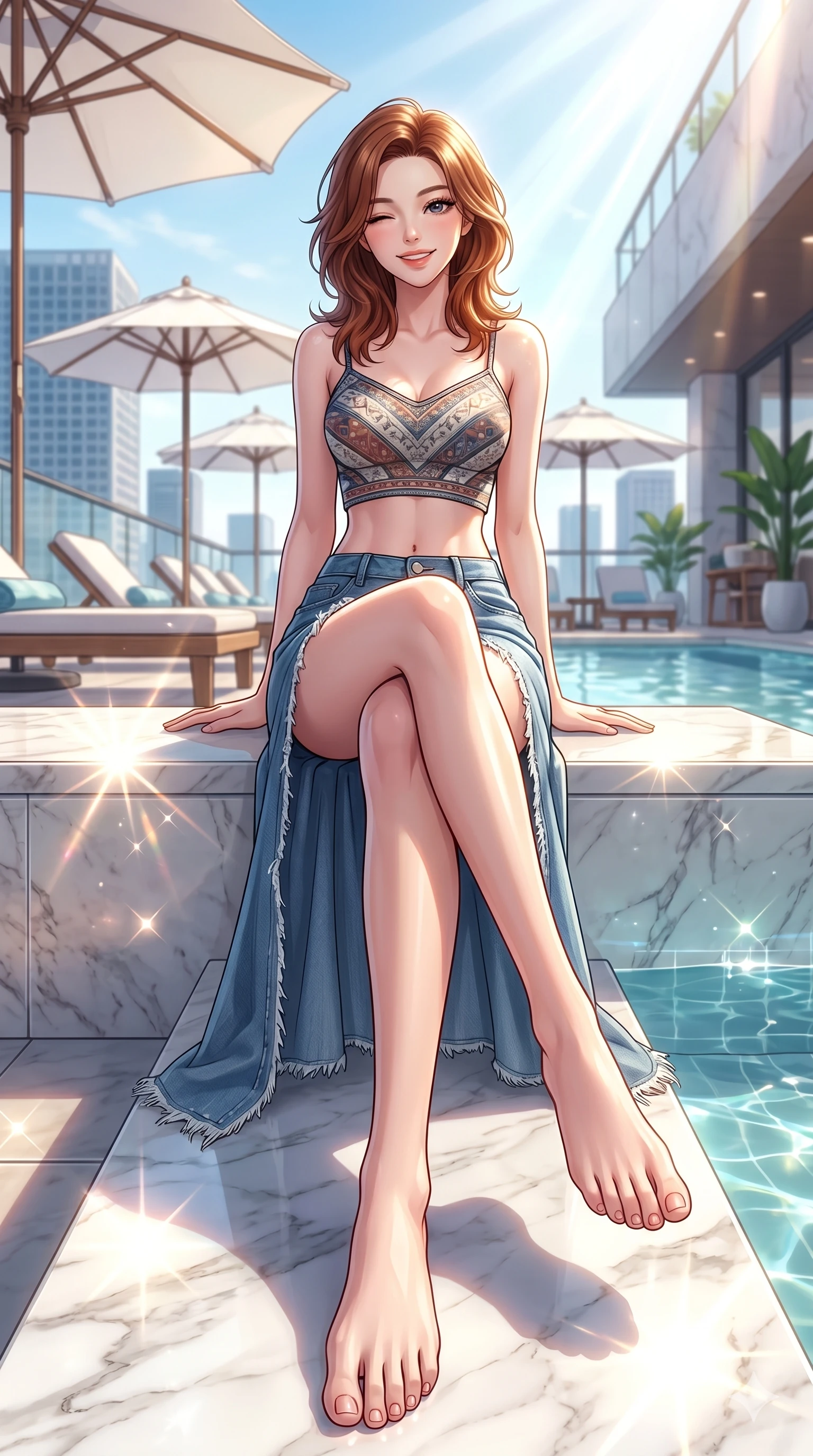 score_9, masterpiece, best quality, ultra-detailed, high-budget anime keyframe, vibrant anime aesthetic, Korean woman. low angle full-body shot from head to toe showing her feet, filling the entire 9:16 vertical frame with her statuesque presence, stretching her vertical silhouette. She is sitting on a marble ledge, winking and smiling cheerfully at the viewer on a sunny rooftop pool lounge with white umbrellas (Code-P20-044). She has an absolutely perfect 8-heads proportion, an exceptionally tall and slender female figure with impossibly long slender legs and an ultra-slim waist. V-shaped jawline, high-bridge nose, intricate jewel-like eyes with depth, thick eyelashes, glossy lips with a natural sheen. wearing a crop top with an exposed midriff and a high-slit denim skirt. She is illuminated by direct, sparkling sunbeams reflecting off the polished marble floor. 2k, ultra detail, master piece, 9:16 ratio
