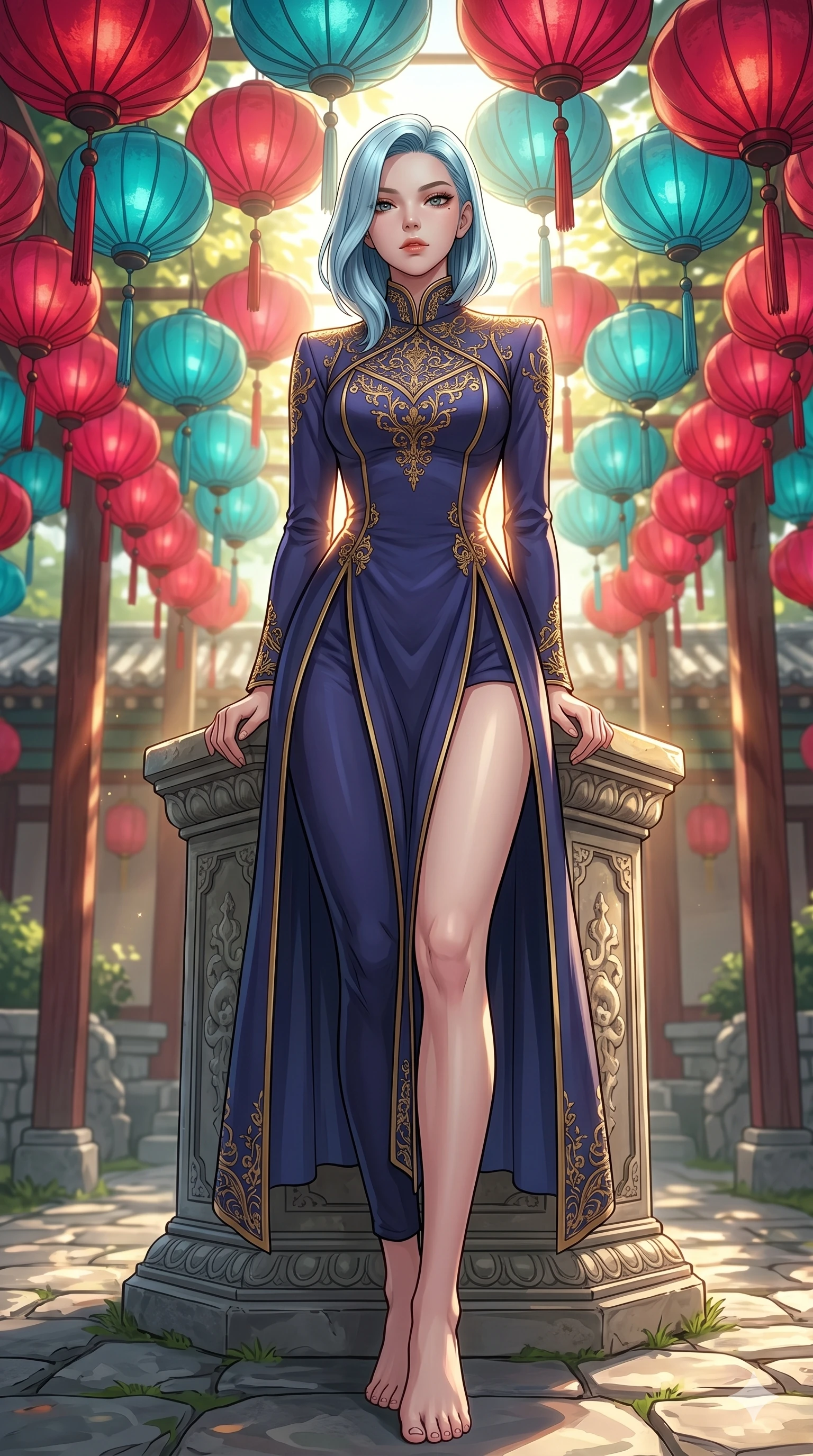 score_9, masterpiece, best quality, ultra-detailed, high-budget anime keyframe, editorial fashion photography, tasteful artistic composition, Korean woman. low angle full-body shot from head to toe showing her feet, filling the entire 9:16 vertical frame with her statuesque presence, stretching her vertical silhouette. leaning back against the pedestal, looking at the viewer with an air of effortless superiority under a canopy of hanging crimson and turquoise silk lanterns in a stone garden (Code-P18-013). She has an absolutely perfect 8-heads proportion, an exceptionally tall and slender female figure with impossibly long slender legs and an ultra-slim waist. V-shaped jawline, high-bridge nose, intricate jewel-like eyes with depth, thick eyelashes, glossy lips with a natural sheen. wearing a structured high-neck academic robe with gold embroidery and neat tailoring. bathed in brilliant midday sunbeams, casting sharp warm highlights that outline her slender waist. 2k, ultra detail, master piece, 9:16 ratio