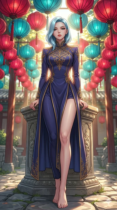 score_9, masterpiece, best quality, ultra-detailed, high-budget anime keyframe, editorial fashion photography, tasteful artistic composition, Korean woman. low angle full-body shot from head to toe showing her feet, filling the entire 9:16 vertical f