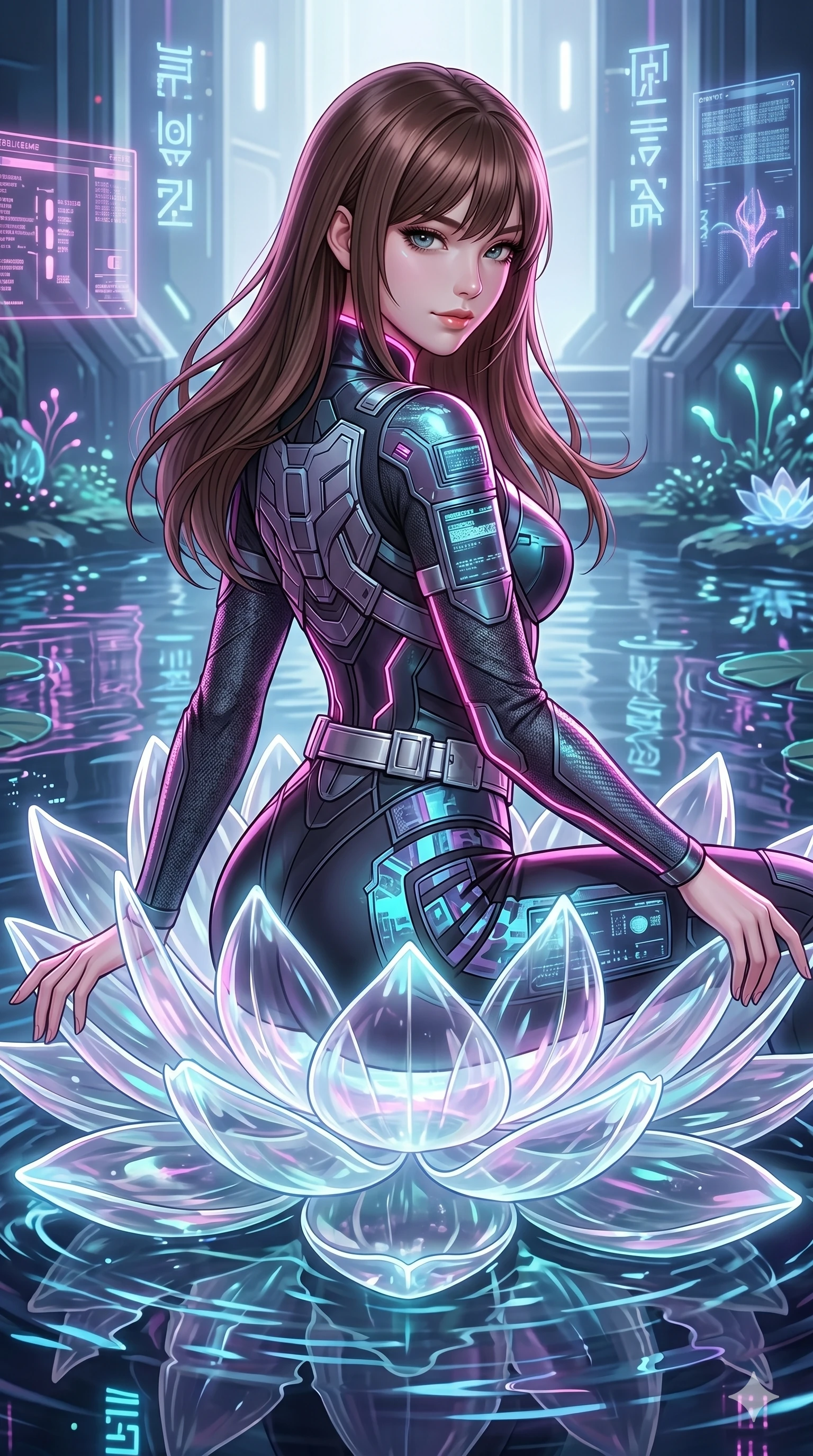 score_9, masterpiece, best quality, ultra-detailed, high-budget anime keyframe, semi-realistic 3D game render, Korean woman. Upper body close-up from the thighs up, character filling the screen for maximum presence. She is seated elegantly on a giant glowing glass lotus blossom floating in a tech-temple pond. She leans forward in a fluid pose, glancing back with a confident look. She has an absolutely perfect 8-heads proportion, a tall and elegant figure with a refined silhouette and a defined waistline. V-shaped jawline, high-bridge nose, intricate jewel-like eyes with depth, thick eyelashes, glossy lips with a natural sheen. She is wearing a high-fashion tech-jumpsuit featuring structured panel overlays across the torso and shoulders, accented by a metallic silver utility belt and textured fabric sleeves. The scene is illuminated by soft glowing white ambient lights and sharp pink side key lights tracing her neck and waist. 2k, ultra detail, master piece, 9:16 ratio