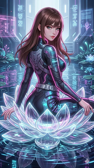 score_9, masterpiece, best quality, ultra-detailed, high-budget anime keyframe, semi-realistic 3D game render, Korean woman. Upper body close-up from the thighs up, character filling the screen for maximum presence. She is seated elegantly on a giant