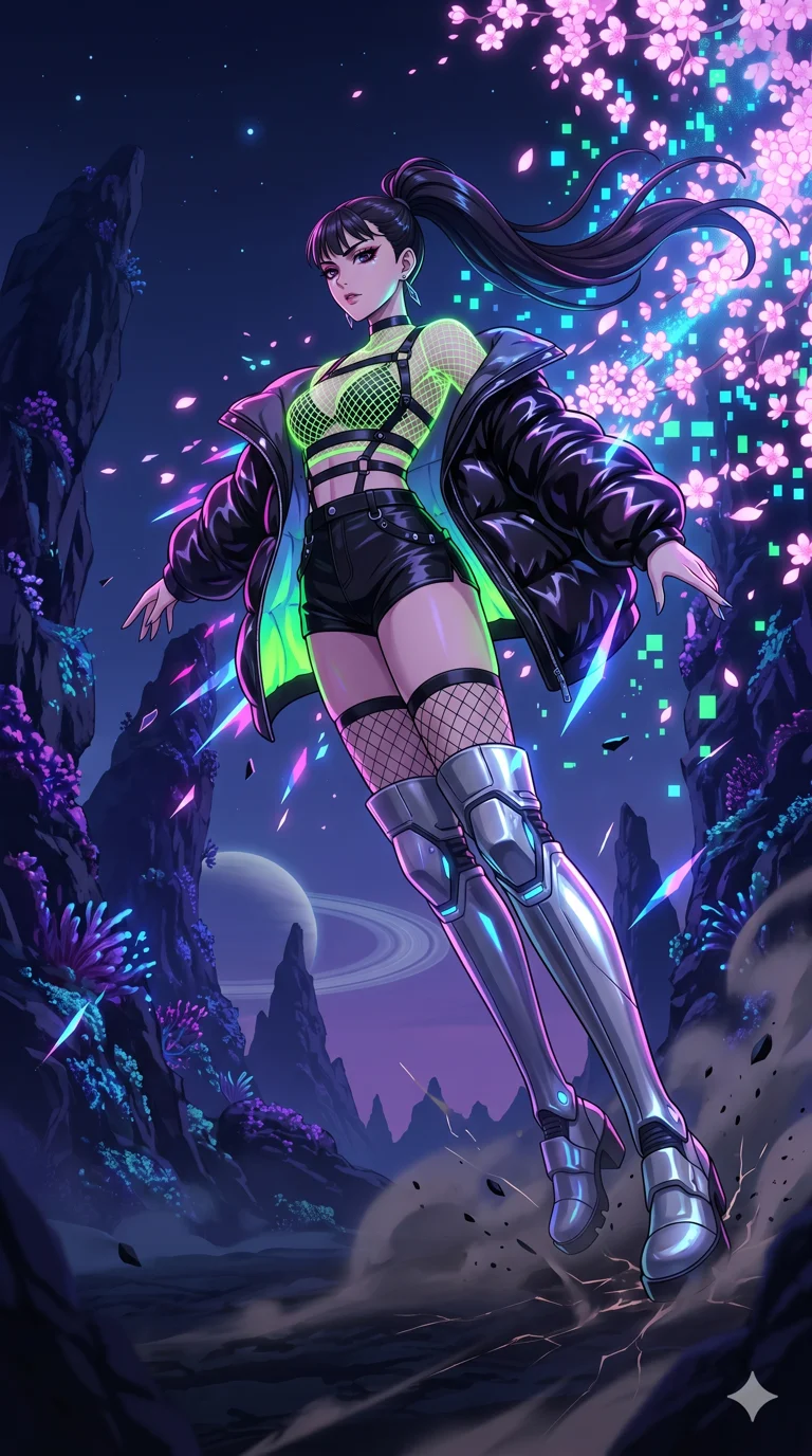 score_9, masterpiece, best quality, ultra-detailed, High-budget Anime Keyframe, vibrant colors, fluid line-art, expressive lighting, cinematic composition, Ufotable-style visual effects, top-tier animation quality, Japanese woman with delicate and elegant anime-inspired features. Dramatic low angle looking up at her majestic stature, dominating the vertical space of the composition. Vanishing into a sudden cloud of glowing cherry blossoms and digital pixels to escape an incoming attack. She has an absolutely perfect 8-heads proportion, an exceptionally tall and slender female figure with impossibly long slender legs and an ultra-slim waist, her statuesque height and towering silhouette dominating the vertical 9:16 frame. Her face is a masterpiece featuring a sharp v-shaped jawline, high-bridge nose, intricate jewel-like eyes with depth, thick eyelashes, and glossy lips with a natural sheen. She is wearing a Oversized puffer jacket worn over a micro-shorts and harness set, unzipped to reveal her chest crafted from Fluorescent mesh that glows brightly under neon light, highlighting her silhouette, accompanied by sensual fishnet stockings and thigh-high metallic boots. The scene is set in a mysterious alien planet with bioluminescent purple flora and a giant ringed planet in the sky, illuminated by dynamic strobe effects that capture her movement in a series of sharp fragments. 2k, ultra detail, master piece, 9:16 ratio