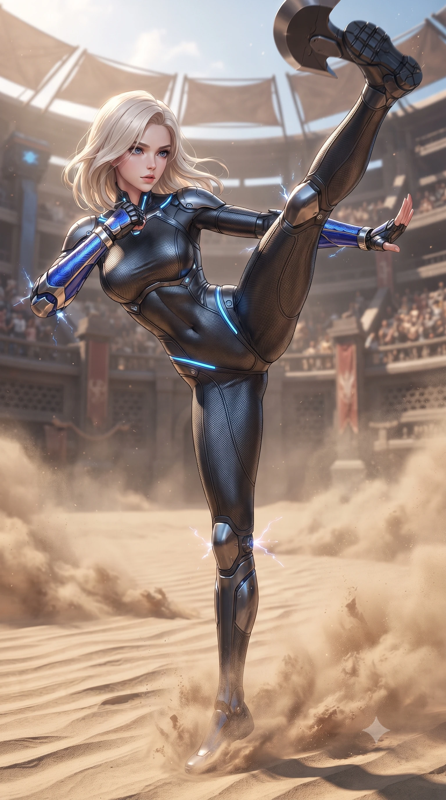 score_9, masterpiece, best quality, ultra-detailed, high-budget anime keyframe, editorial fashion photography, tasteful artistic composition, Caucasian woman. close-up cowboy shot from the waist and thighs up, the character dominates the composition, filling the frame with her large presence. twisting her upper body in a dynamic S-curve martial arts stance, cybernetic elbow dampers emitting subtle electric sparks as she aims a focused palm strike while executing a vertical 180-degree mid-air spinning axe kick in a vast cybernetic colosseum arena as sand swirls beneath her feet. The surrounding environment is rendered in vivid detail and crisp panoramic clarity. sharp sand ripple textures, distinct shockwave dust crests, and carbon armor joint mesh in deep focus. She has an exceptionally elegant, slender, and willowy female figure with an ultra-slim waist, a gracefully sculpted slender torso, toned flat midriff, and a refined slim silhouette. sharp v-shaped jawline, high-bridge nose, intricate jewel-like eyes with depth, thick eyelashes, glossy lips with a natural sheen, flawlessly proportioned anatomical accuracy, strict slender model proportions, natural body alignment, perfectly sculpted long slender limbs, ultra-slim waistline, clean dynamic posture without body distortion. wearing an aerodynamic dark titanium carbon-mesh jumper with glowing blue fiber lines and reinforced Damascus-pattern arm guards in electric cobalt blue carbon with polished platinum trim, made of liquid carbon-jersey fabric adhering flawlessly to her sculpted silhouette, accented with glowing fiber-optic conduits tracing her collarbones and hip curves, the glove-like aerodynamic second-skin fit tightly clinging to her ultra-slender waist and athletic curves without adding bulk, accentuating her razor-sharp statuesque lines and slim hourglass silhouette. surrounded by a glorious, invincible, and fiercely captivating cyber-gladiator empress aura. ultra-reflective glossy finish, specular highlights, dark metallic sheen, high-contrast stereoscopic depth, volumetric dynamic lighting, 2k, ultra detail, master piece, 9:16 ratio