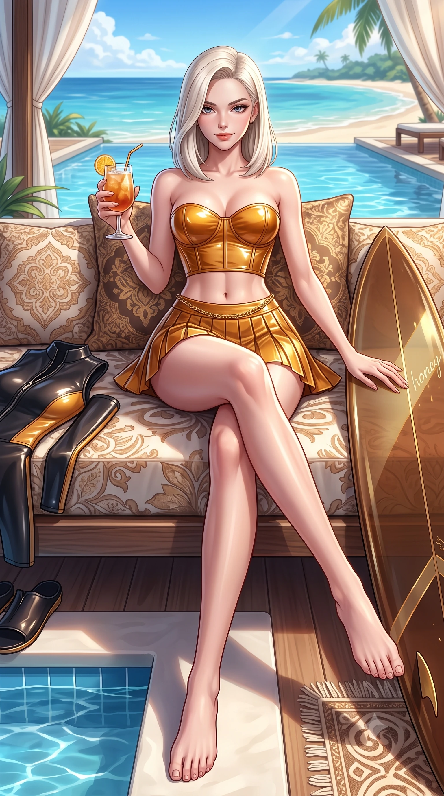 score_9, masterpiece, best quality, ultra-detailed, high-budget anime keyframe, semi-realistic 3D game render, editorial fashion photography, tasteful artistic composition, Caucasian woman. low angle full-body shot from head to toe showing her feet, filling the entire 9:16 vertical frame with her statuesque presence, stretching her vertical silhouette. lounging on the lavish daybed with legs crossed and hips angled toward the camera, displaying her toned midriff and long slender limbs with effortless siren poise while perched sideways on the daybed propped on one elbow, holding an iced cocktail with an intoxicating, smoldering bedroom-smile. The surrounding environment is rendered in vivid detail and crisp panoramic clarity: detailed wet-look neoprene zip swimsuit cling, gold waist chain shine, and luxury beach club styling in razor-sharp precision. She has an absolutely perfect, statuesque 8.5-heads proportion, an exceptionally tall and slender model-like female figure with impossibly long slender legs, an ultra-slim waist, a flat toned midriff, narrow delicate ribcage, and beautifully sculpted feminine hips creating a graceful, slim hourglass silhouette without any bulky heaviness. sharp v-shaped jawline, high-bridge nose, sparkling eyes with hypnotic seductive depth, thick curled eyelashes, glossy parted lips with a natural dewy peach sheen, alluring bedroom-eyes with an enchanting coquettish smile, exuding magnetic siren charisma and sophisticated glamour, flawlessly proportioned anatomical accuracy, strict slender model proportions, natural body alignment, perfectly sculpted long slender limbs, ultra-slim waistline, clean dynamic posture without body distortion. wearing a strapless boned satin bustier paired with a micro-pleated tennis-style resort skirt framing her hourglass hips in warm amber honey and antique gold leaf, crafted from wet-look high-gloss vinyl fabric with dazzling specular surface reflections, accented with a custom high-gloss tinted surfboard held lightly with one hand, the precision-cut side openings and low-back scoop framing her graceful spine and the sensual sweep of her slim, toned hips. illuminated by sea water reflection fill and sharp platinum-gold rim lights sculpting her razor-sharp jawline, narrow waist, and curvy hips. highly saturated vibrant anime colors, detailed shading with soft gradients, rich glossy textures, high-contrast stereoscopic depth, volumetric dynamic lighting, master piece, 9:16 ratio