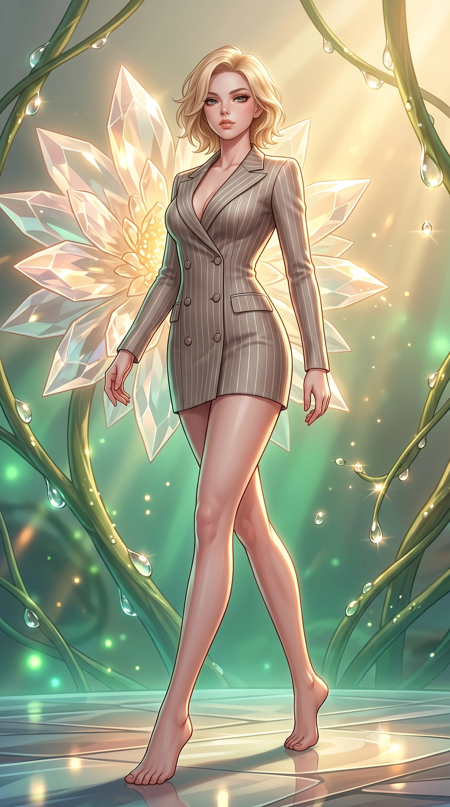 score_9, masterpiece, best quality, ultra-detailed, high-budget anime keyframe, editorial fashion photography, tasteful artistic composition, Caucasian woman. low angle full-body shot from head to toe showing her feet, filling the entire 9:16 vertical frame with her statuesque presence, stretching her vertical silhouette. stepping forward in a proud dynamic stride, her vertical silhouette filling the frame with statuesque presence while pivoting dynamically near a solar-powered crystal blossom emitting warm ambient sunbursts, dewdrops on biomorphic vines casting bright specular highlights in mid-air. She has an absolutely perfect, statuesque 8.5-heads proportion, an exceptionally tall and slender model-like female figure with impossibly long slender legs and an ultra-slim waist. sharp v-shaped jawline, high-bridge nose, intricate jewel-like eyes with depth, thick eyelashes, glossy lips with a natural sheen, flawlessly proportioned anatomical accuracy, natural body alignment, perfectly sculpted elegant limbs, clean dynamic posture without body distortion. wearing a double-breasted blazer dress with subtle metallic pin-stripes in muted taupe and soft ivory, formed from sleek second-skin neoprene, accented with a Tasteful chest slit framing her clavicle gracefully, the glove-like fit emphasizing her statuesque silhouette during motion. bathed in warm golden sunlight and soft emerald bioluminescent glow. highly saturated vibrant anime colors, detailed shading with soft gradients, rich glossy textures, high-contrast stereoscopic depth, volumetric dynamic lighting, master piece, 9:16 ratio