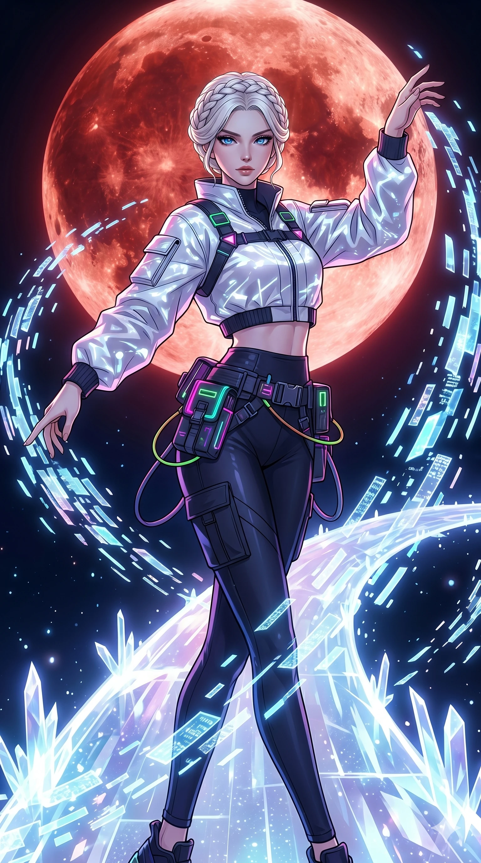 score_9, masterpiece, best quality, ultra-detailed, high-budget anime movie keyframe, cinematic anime lighting, intricate line art, Caucasian (strictly human ears) woman. Medium shot of upper body capturing the intricate details of her high-fashion attire. dancing with data-shards in a celestial bridge made of light under a blood moon. She has an absolutely perfect 8-heads proportion, an exceptionally tall and slender female figure with an ultra-slim waist and impossibly long slender legs. sharp v-shaped jawline, high-bridge nose, intricate jewel-like eyes, thick eyelashes, glossy lips. Wearing modern urban tech-wear ensemble with a cropped reflective bomber jacket, ultra-slim high-waisted cargo leggings, and tactical harness with neon-lit pouches. The scene is illuminated by dramatic atmospheric lighting and vibrant color palettes. , 2k, ultra detail, master piece, 9:16 ratio