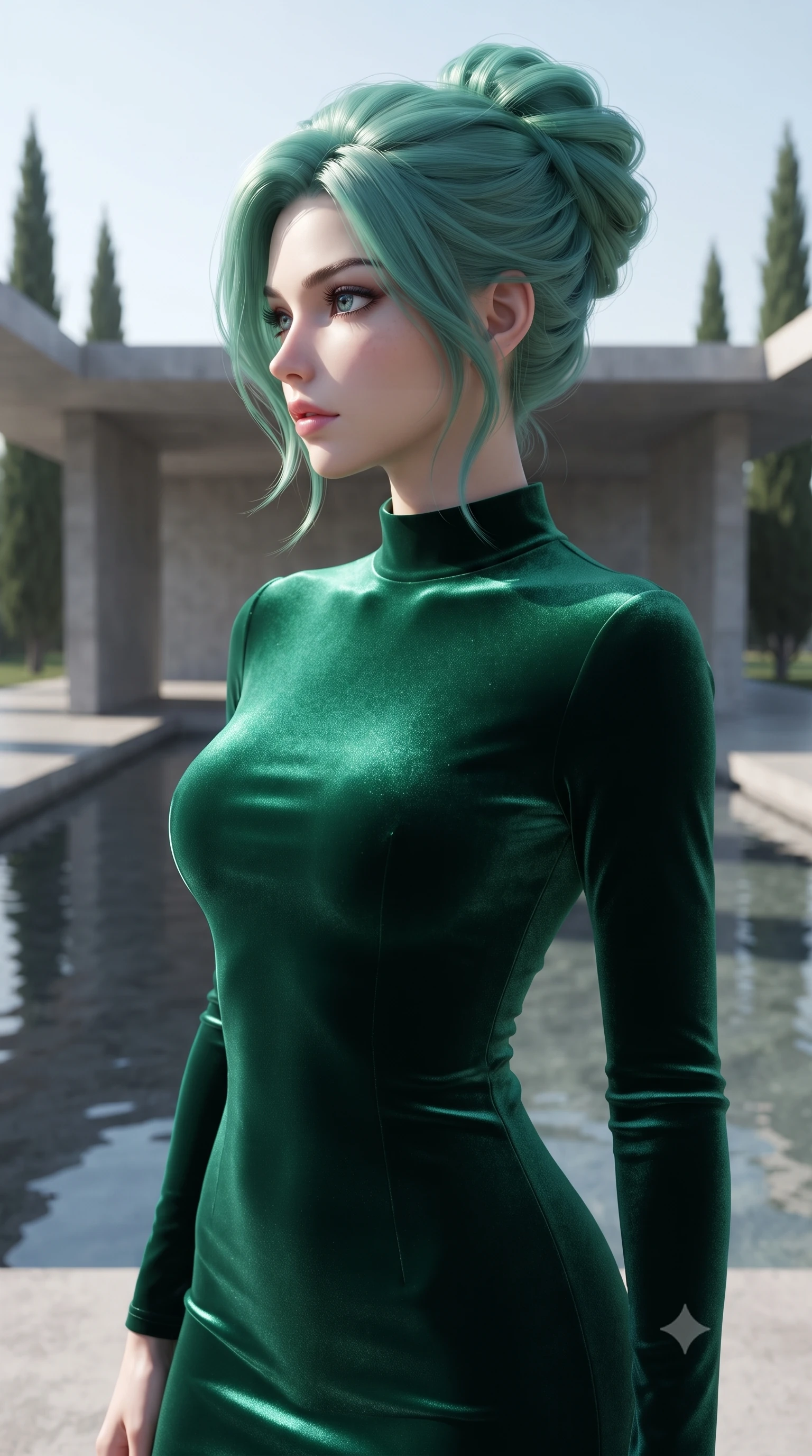 score_9, masterpiece, best quality, ultra-detailed, high-budget anime keyframe, editorial fashion photography, tasteful artistic composition, Japanese woman woman. close-up cowboy shot from the waist and thighs up, the character dominates the composition, filling the frame with her large presence, background elements kept in soft focus. turning her face in sharp profile, casting a cold, mysterious, yet intensely alluring side gaze, the background shows a soft-focus a concrete pavilion with pools reflecting the sky and surrounding trees. She has an exceptionally elegant, slender, and willowy female figure with an ultra-slim waist, a gracefully sculpted slender torso, and a refined silhouette. sharp v-shaped jawline, high-bridge nose, intricate jewel-like eyes with depth, thick eyelashes, glossy lips with a natural sheen. wearing a tailored body-hugging emerald green velvet dress with a simple mock-neck collar. bright midday sun rays creating clean, sharp shadows and reflections. ultra-reflective glossy finish, specular highlights, metallic sheen, high-contrast stereoscopic depth, volumetric dynamic lighting, 2k, ultra detail, master piece, 9:16 ratio
