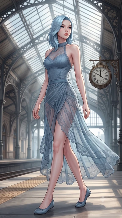 score_9, masterpiece, best quality, ultra-detailed, high-budget anime keyframe, editorial fashion photography, tasteful artistic composition, Korean woman woman. low angle full-body shot from head to toe showing her feet, filling the entire 9:16 vert