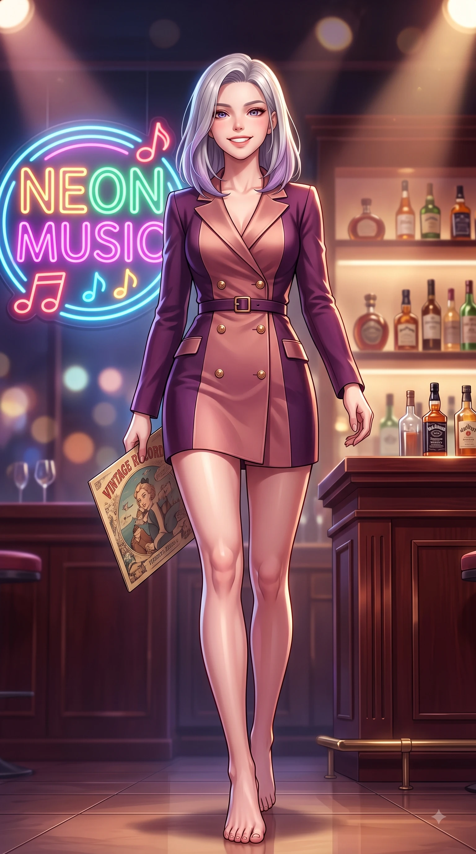 score_9, masterpiece, best quality, ultra-detailed, high-budget anime keyframe, editorial fashion photography, tasteful artistic composition, Caucasian woman. low angle full-body shot from head to toe showing her feet, filling the entire 9:16 vertical frame with her statuesque presence, stretching her vertical silhouette. walking forward in a proud dynamic stride with a cheerful beaming smile, her vertical silhouette filling the frame while pivoting dynamically near a neon music sign while holding a vintage record sleeve. The composition keeps background elements in soft focus with dreamy bokeh. rich mahogany bar counters blurred smoothly behind her feminine posture. She has an absolutely perfect, statuesque 8.5-heads proportion, an exceptionally tall and slender model-like female figure with impossibly long slender legs and an ultra-slim waist. sharp v-shaped jawline, high-bridge nose, intricate jewel-like eyes with depth, thick eyelashes, glossy lips with a natural sheen, flawlessly proportioned anatomical accuracy, natural body alignment, perfectly sculpted elegant limbs, clean dynamic posture without body distortion. wearing a tailored double-breasted blazer dress with a sleek waist belt and clean lines in rich plum purple and rose gold, made of premium stretch jersey that follows her curves like a glove, adorned with delicate gold buttons along the front, the tailored fabric tightly following every curve of her athletic build. illuminated by cozy directional spotlights and rich mahogany reflections. highly saturated vibrant anime colors, detailed shading with soft gradients, rich glossy textures, high-contrast stereoscopic depth, volumetric dynamic lighting, master piece, 9:16 ratio