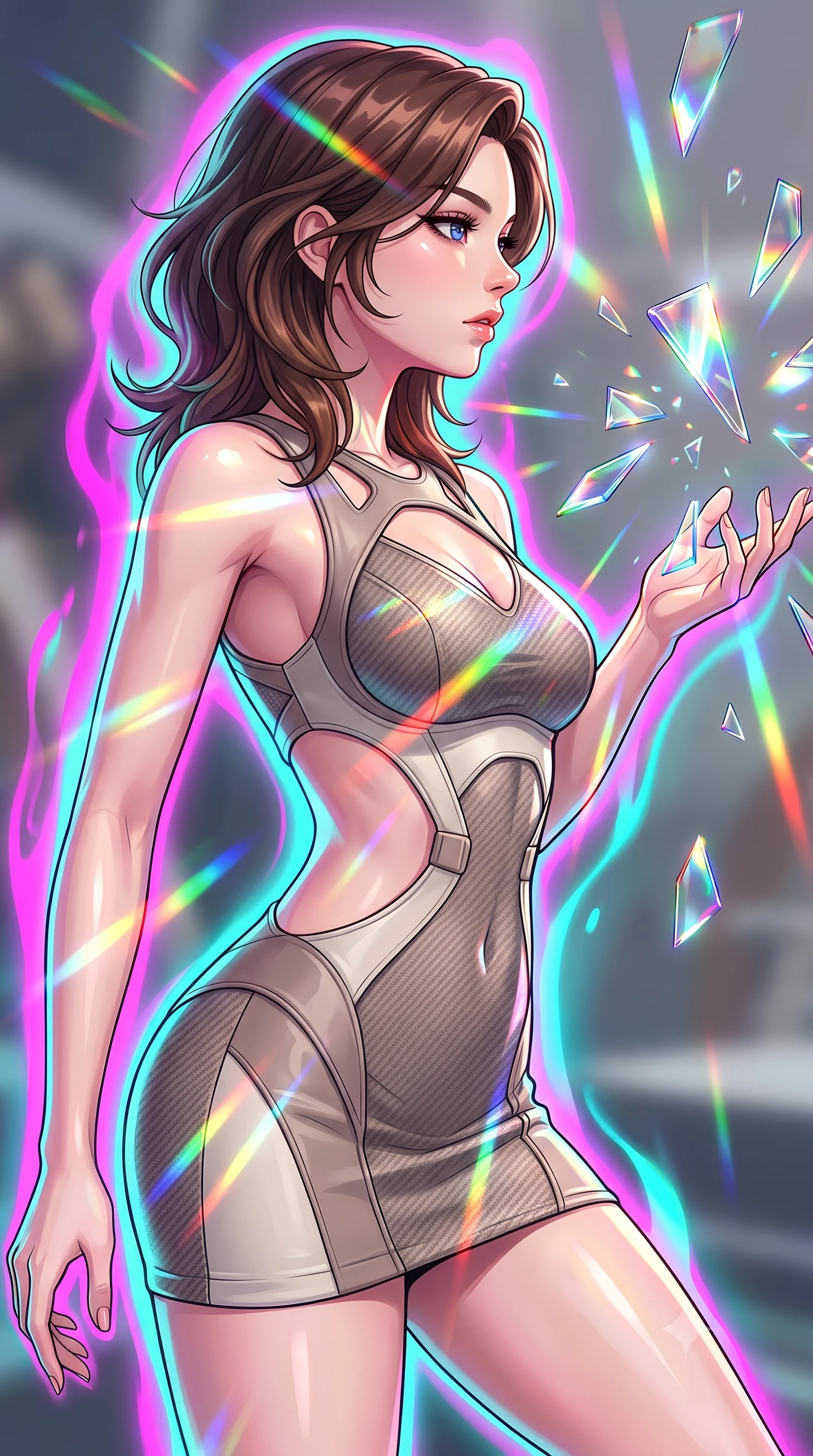 score_9, masterpiece, best quality, ultra-detailed, high-budget anime keyframe, editorial fashion photography, tasteful artistic composition, Korean woman. close-up cowboy shot from the waist and thighs up, the character dominates the composition, filling the frame with her large presence, background elements kept in soft focus. Turning her face in sharp profile while her upper body leans forward with poised athletic grace while reaching her hand forward to catch floating glass kaleidoscope shards hovering in zero-gravity, shattered glass prisms scattering intense rainbow light rays across her athletic build. She has an exceptionally elegant, slender, and willowy female figure with an ultra-slim waist, a gracefully sculpted slender torso, and a refined silhouette. sharp v-shaped jawline, high-bridge nose, intricate jewel-like eyes with depth, thick eyelashes, glossy lips with a natural sheen, flawlessly proportioned anatomical accuracy, natural body alignment, perfectly sculpted elegant limbs, clean dynamic posture without body distortion. wearing a dramatic open-waist cutout mini dress framed by sculptural hardware in muted taupe and soft ivory, made of fine carbon-fiber weave and soft matte leather, featuring subtle geometric cutouts that highlight her ultra-slim midriff, the sleek second-skin texture accentuating her magnetic presence. surrounded by a radiant aura of neon magenta and turquoise fluid highlights. highly saturated vibrant anime colors, detailed shading with soft gradients, rich glossy textures, high-contrast stereoscopic depth, volumetric dynamic lighting, master piece, 9:16 ratio